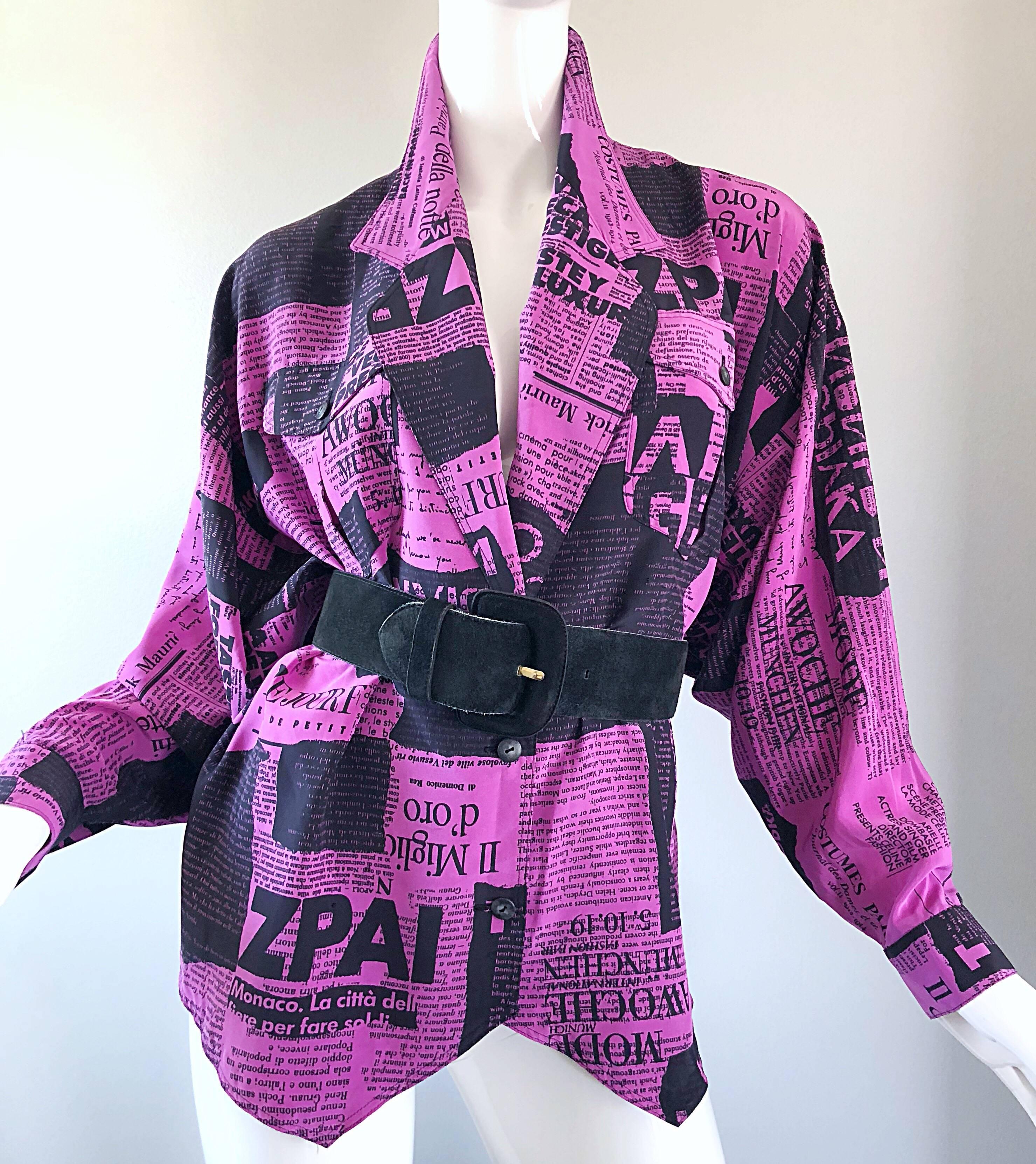 Amazing 1980s Purple + Black Newspaper Print Vintage 80s Novelty Jacket Blouse 9