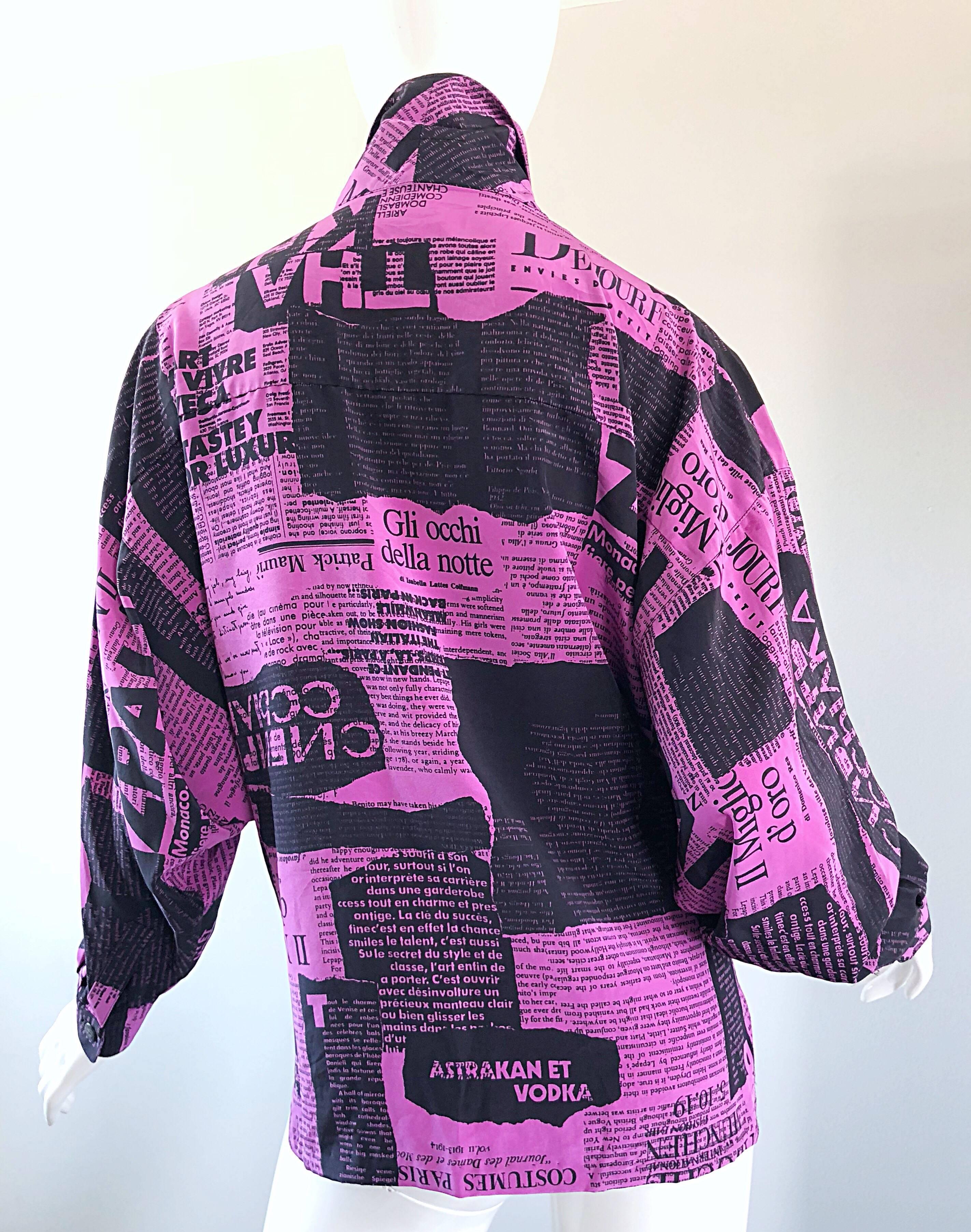 Amazing 1980s Purple + Black Newspaper Print Vintage 80s Novelty Jacket Blouse 10