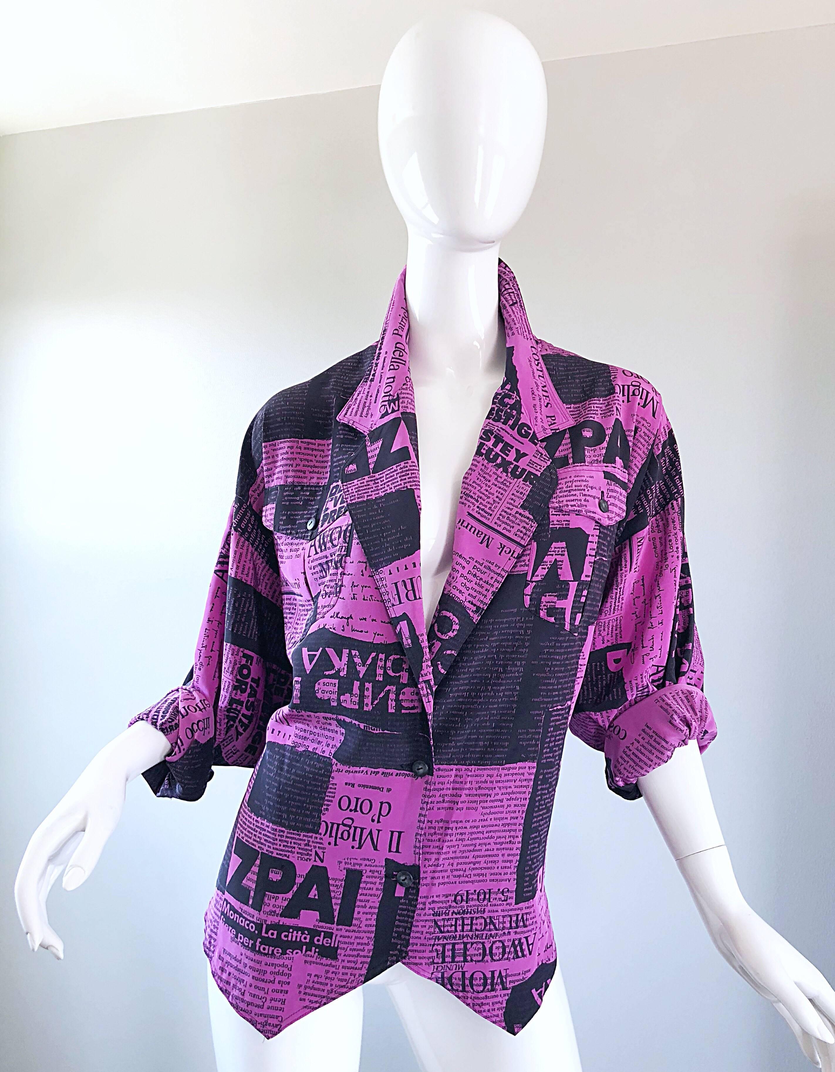 Amazing 1980s Purple + Black Newspaper Print Vintage 80s Novelty Jacket Blouse 11