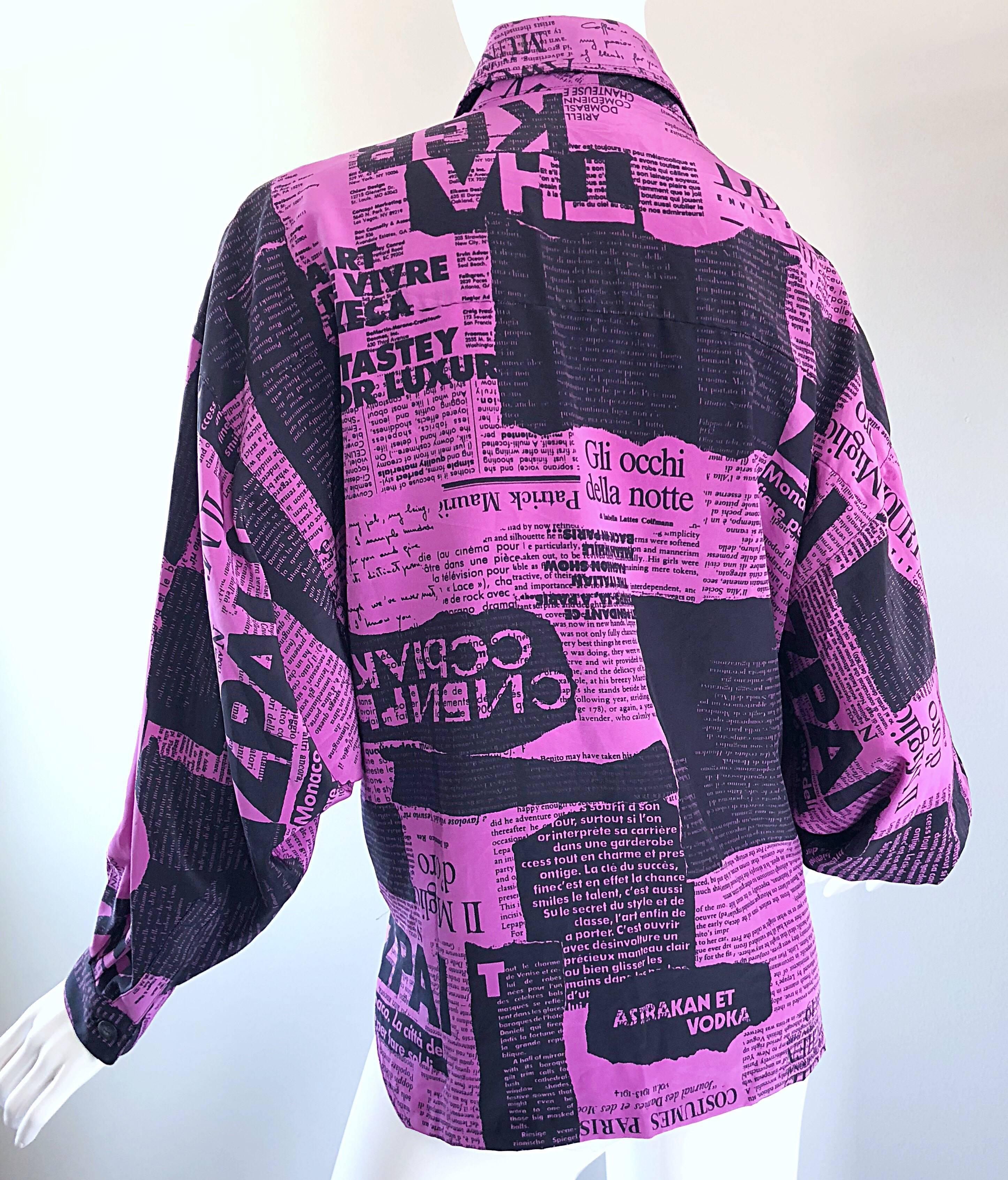 Amazing 1980s Purple + Black Newspaper Print Vintage 80s Novelty Jacket Blouse 12