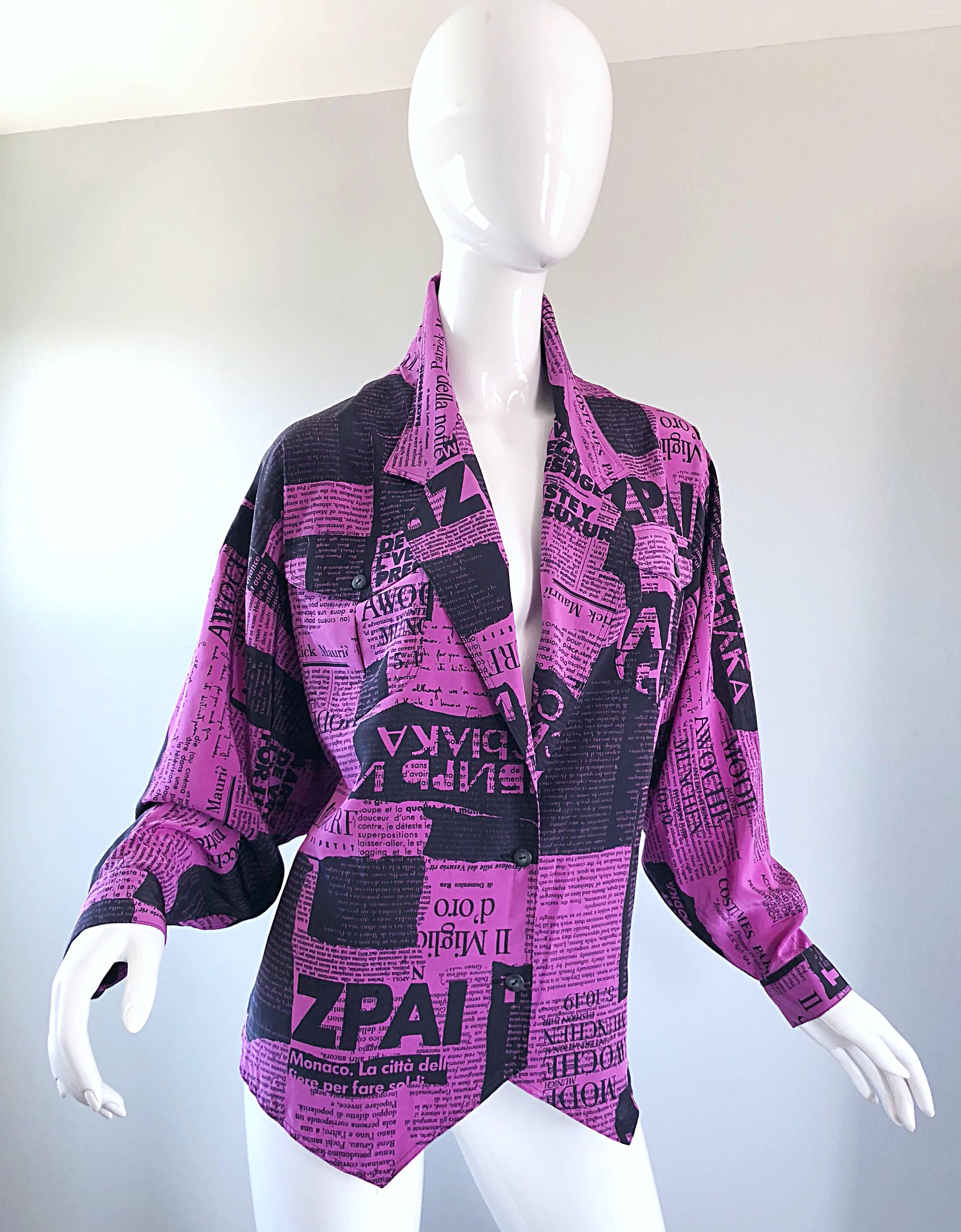 Amazing 1980s Purple + Black Newspaper Print Vintage 80s Novelty Jacket Blouse 13