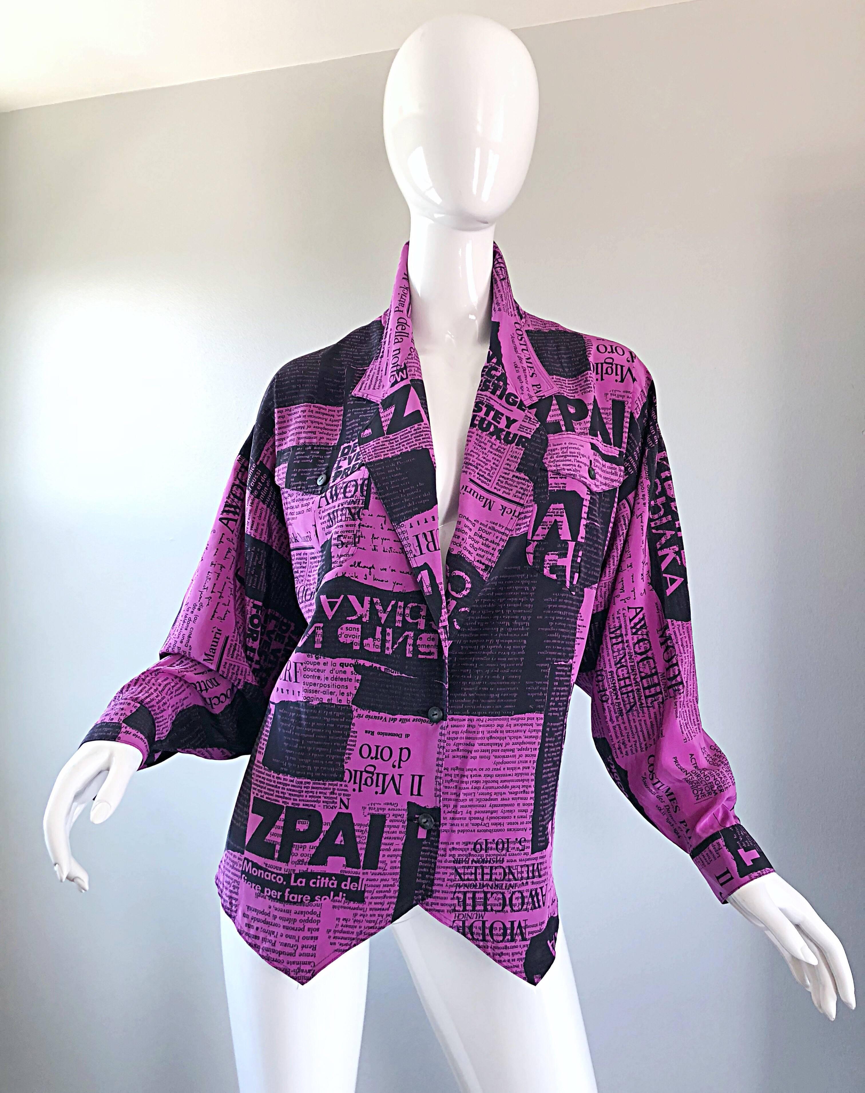 Amazing 1980s Purple + Black Newspaper Print Vintage 80s Novelty Jacket Blouse 14