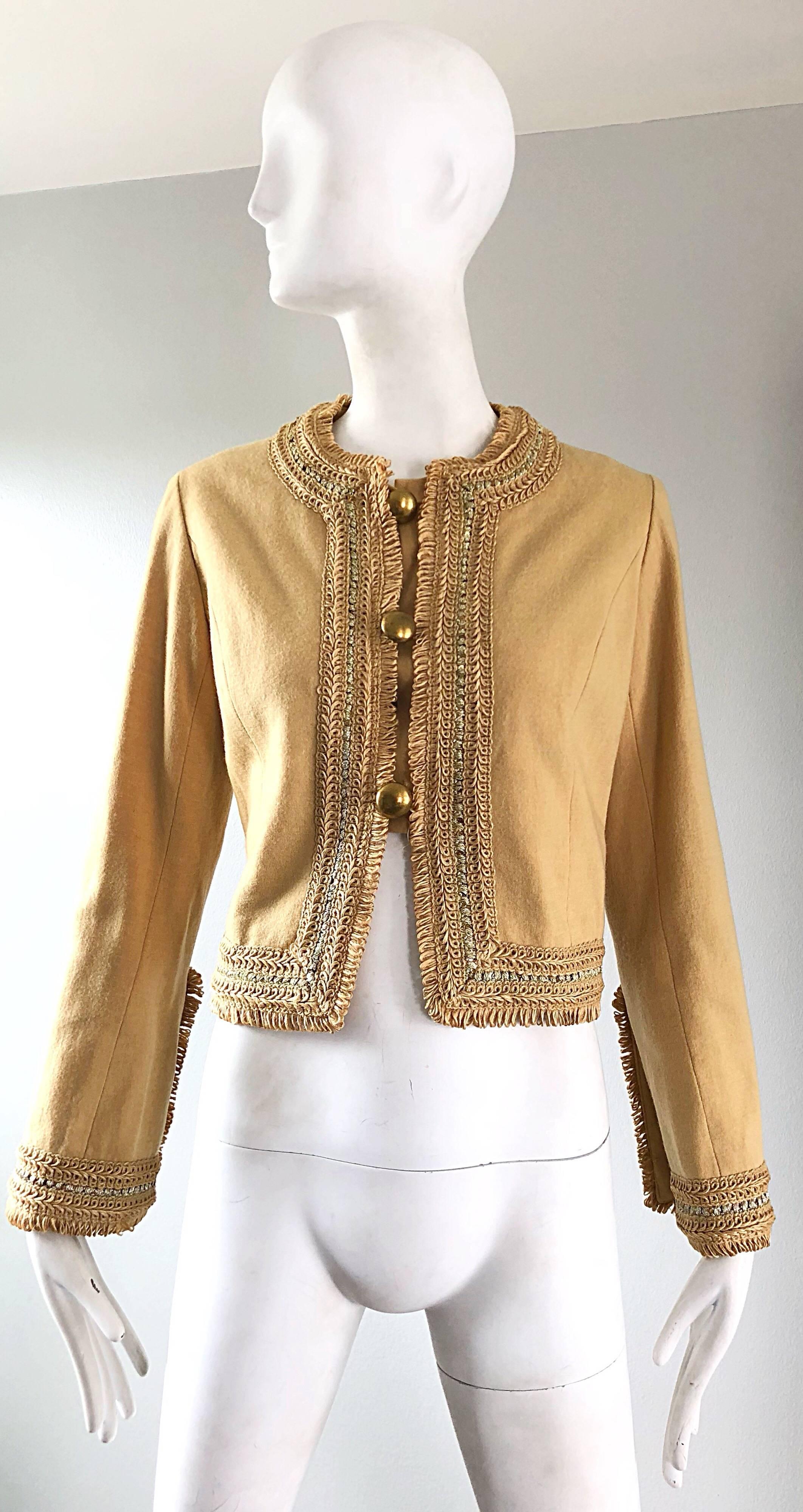 Chic 1960s JAY MORLEY for FERN VIOLLETE camel / tan sequined embroidered Jackie O style cropped jacket! Jay Morley was a premeire Hollywood costume designer in the 50s and 60s. Fern Violette gave him free reign to design during the 60s and 70s.