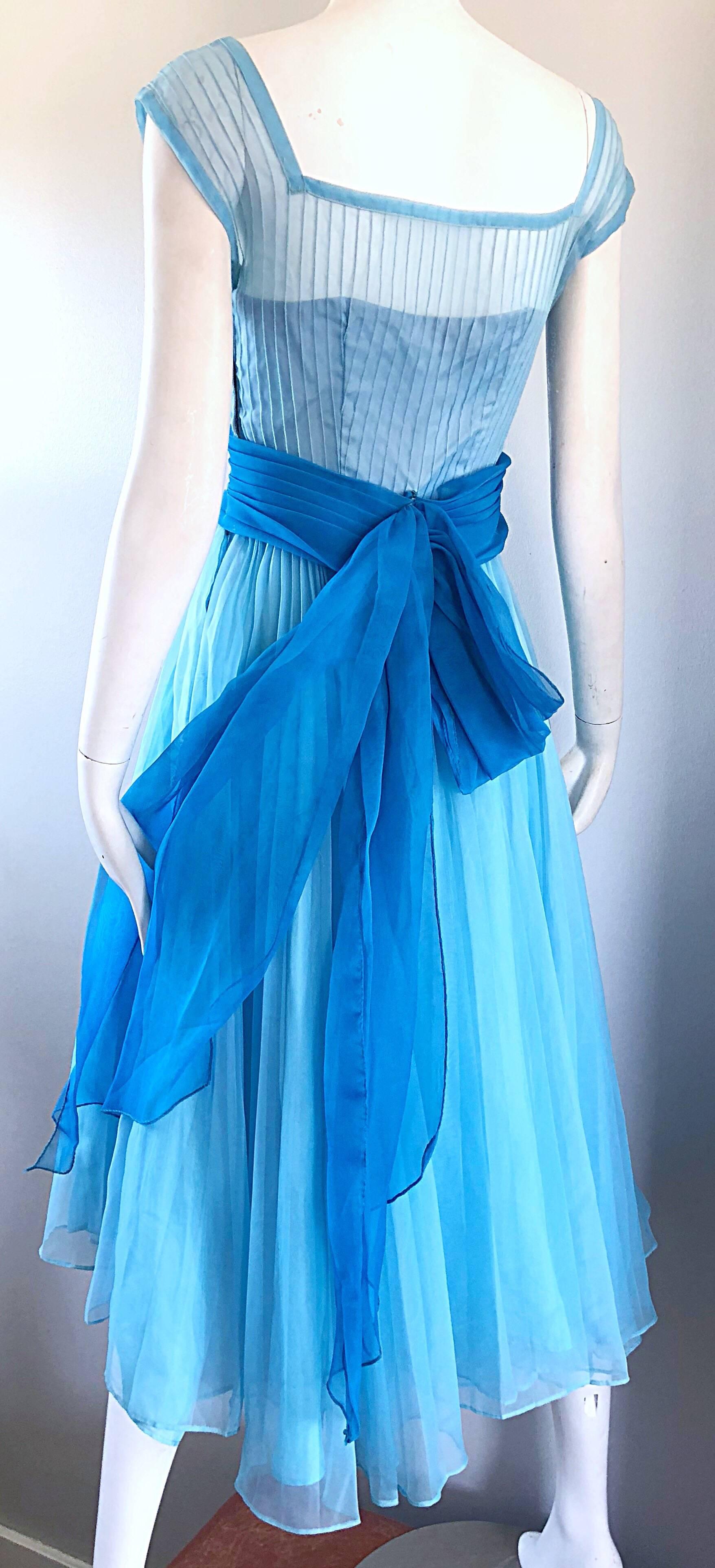 1950s Fred Perlberg Beautiful Robins Egg Blue Fit n' Flare Vintage 50s Dress For Sale 1
