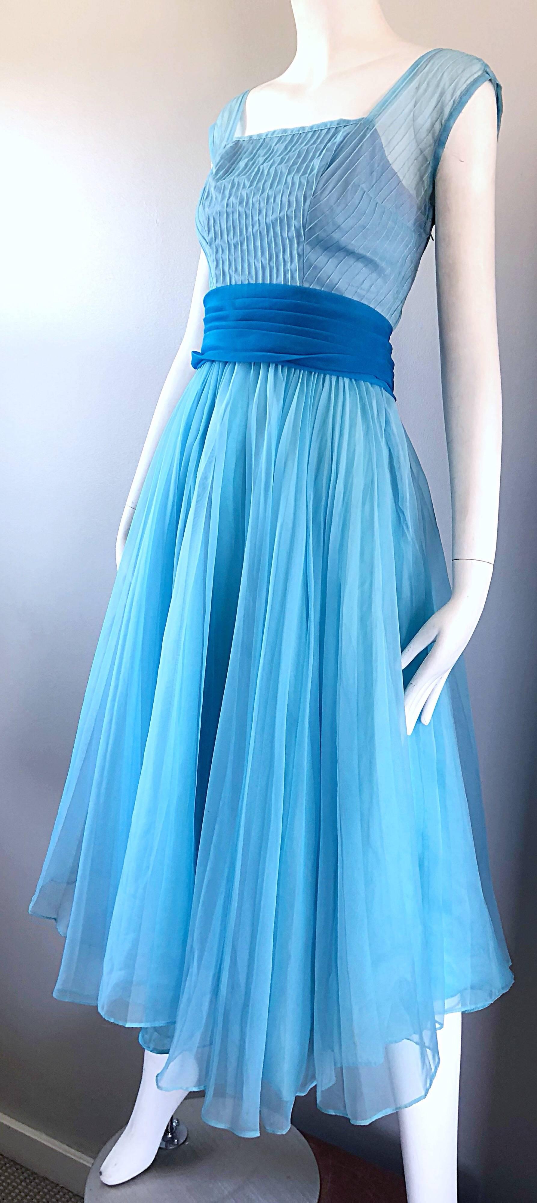 1950s Fred Perlberg Beautiful Robins Egg Blue Fit n' Flare Vintage 50s Dress For Sale 2