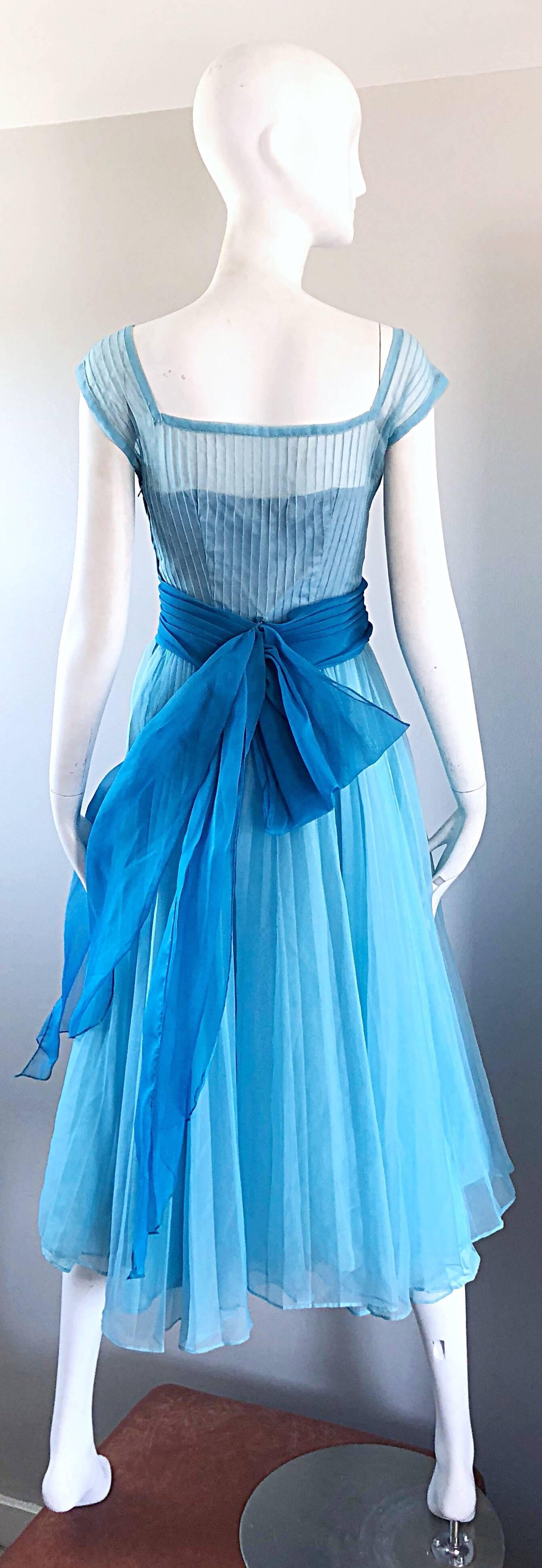 1950s Fred Perlberg Beautiful Robins Egg Blue Fit n' Flare Vintage 50s Dress For Sale 3
