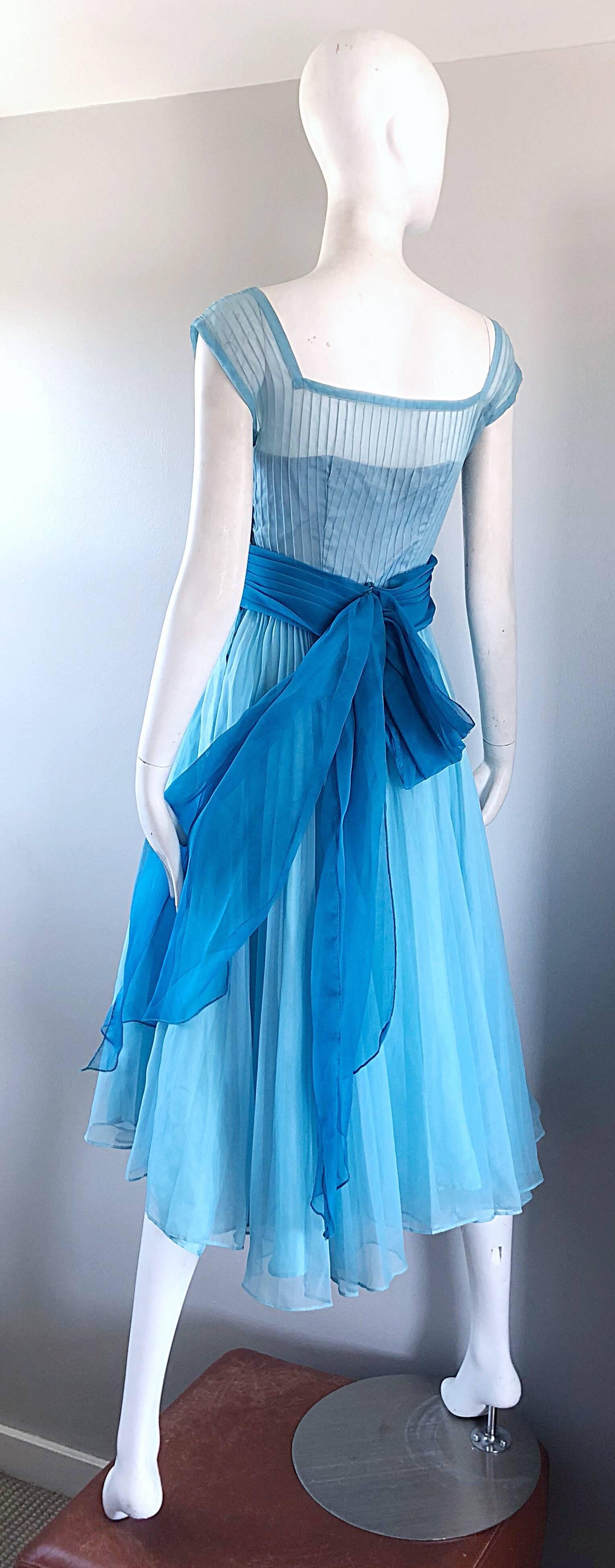1950s Fred Perlberg Beautiful Robins Egg Blue Fit n' Flare Vintage 50s Dress For Sale 7