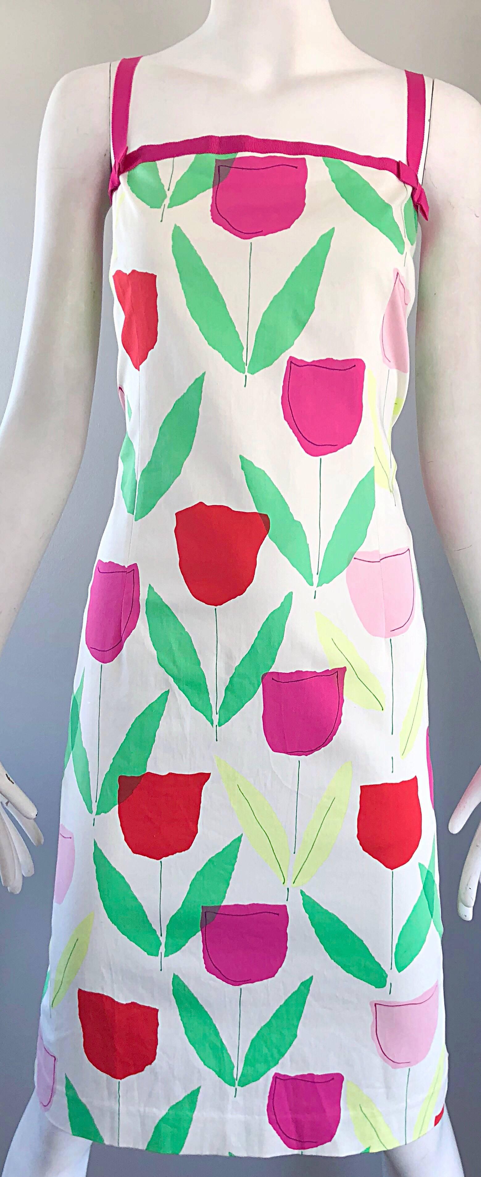 Women's 1990s Moschino Cheap & Chic Pink + Red + Green Tulip / Rose Print Vintage Dress