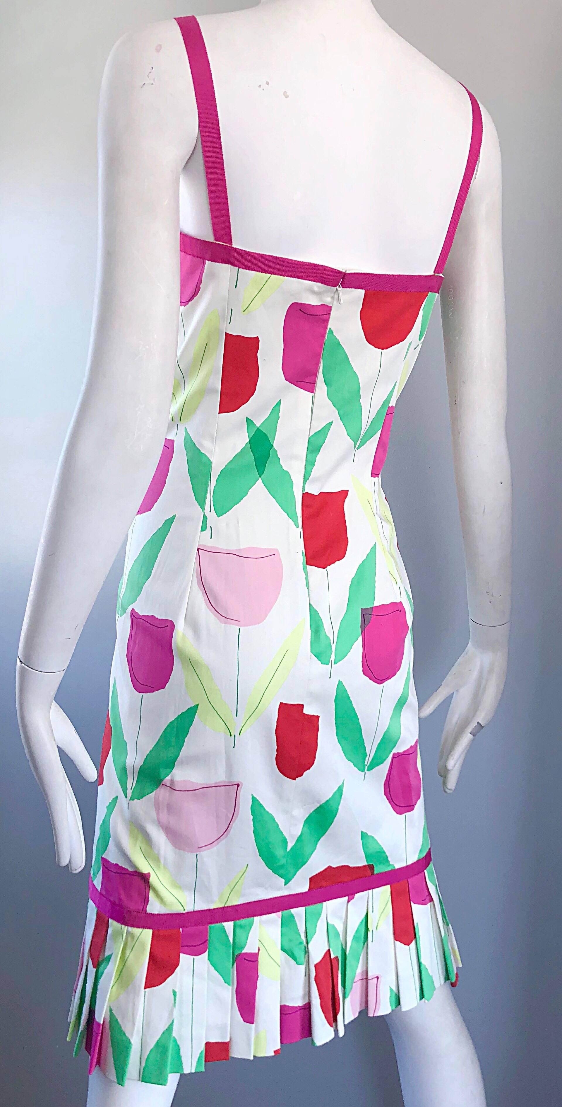 1990s Moschino Cheap & Chic Pink + Red + Green Tulip / Rose Print Vintage Dress 1