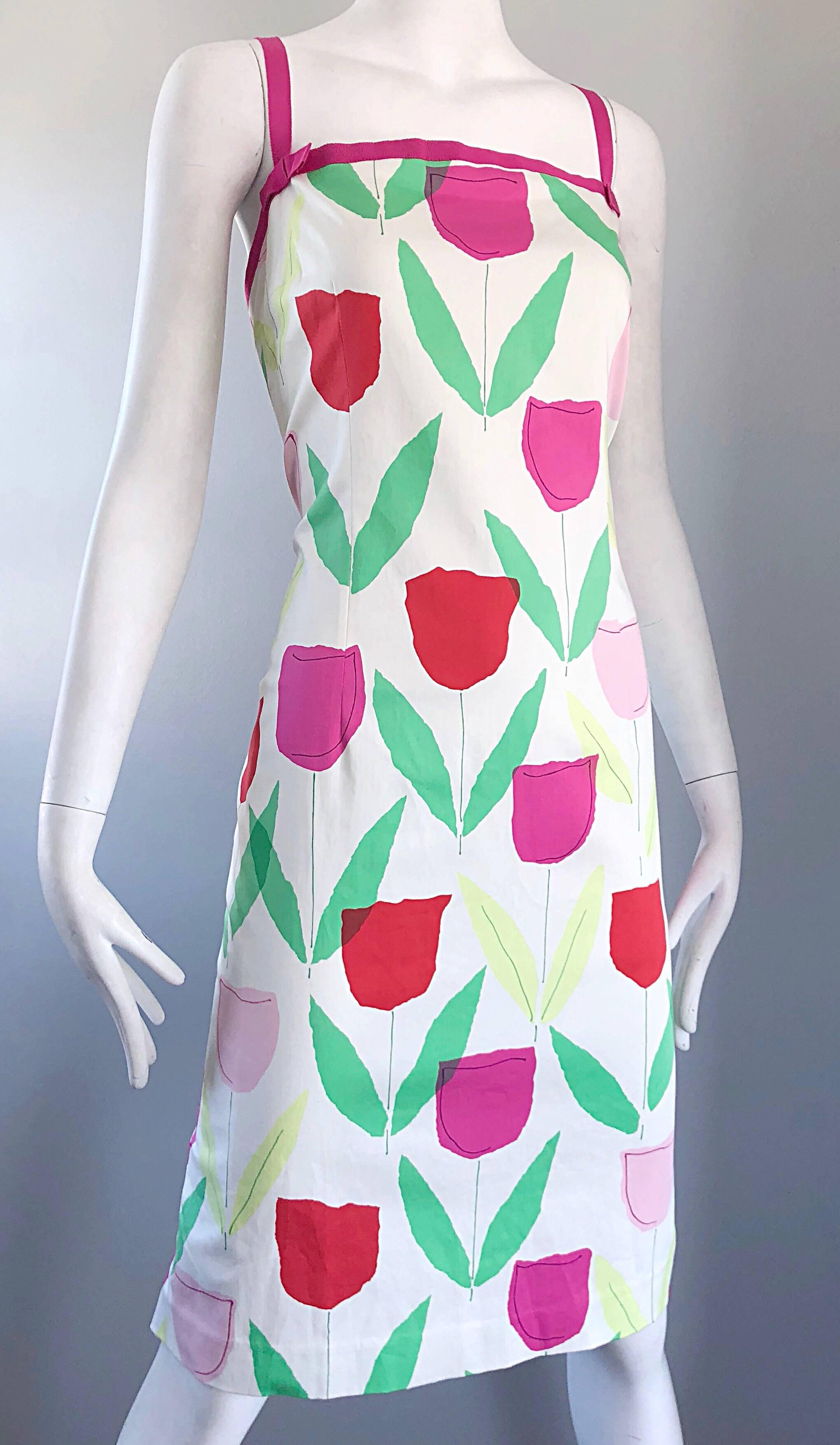1990s Moschino Cheap & Chic Pink + Red + Green Tulip / Rose Print Vintage Dress 2