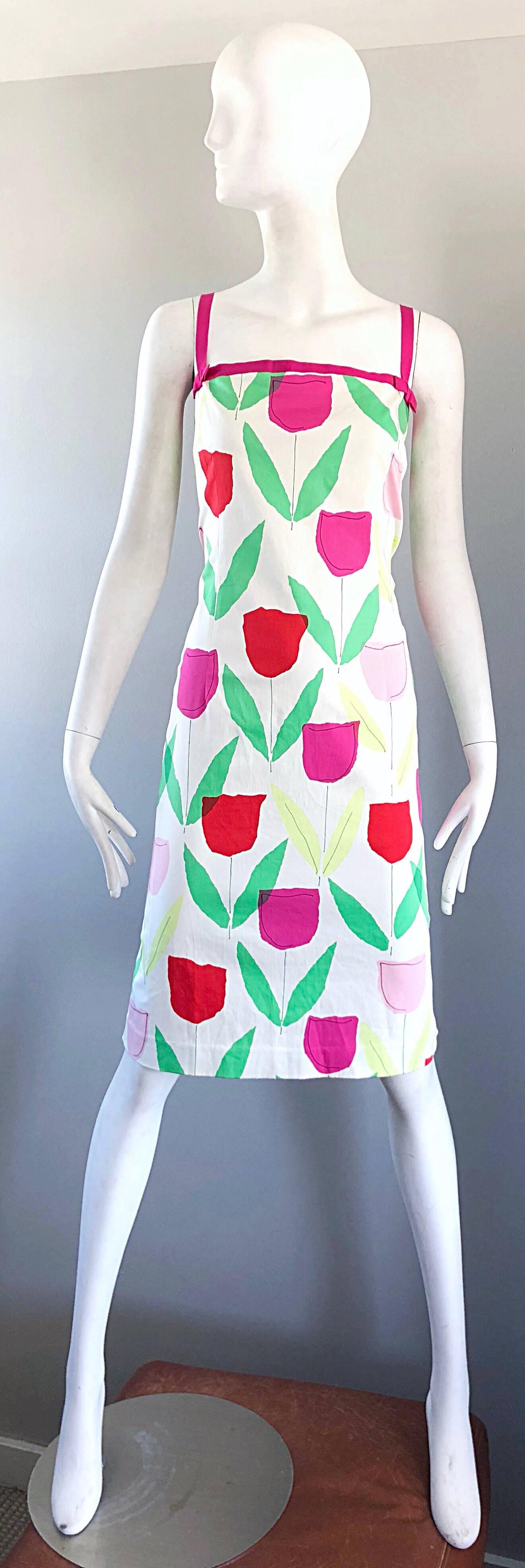 1990s Moschino Cheap & Chic Pink + Red + Green Tulip / Rose Print Vintage Dress 4
