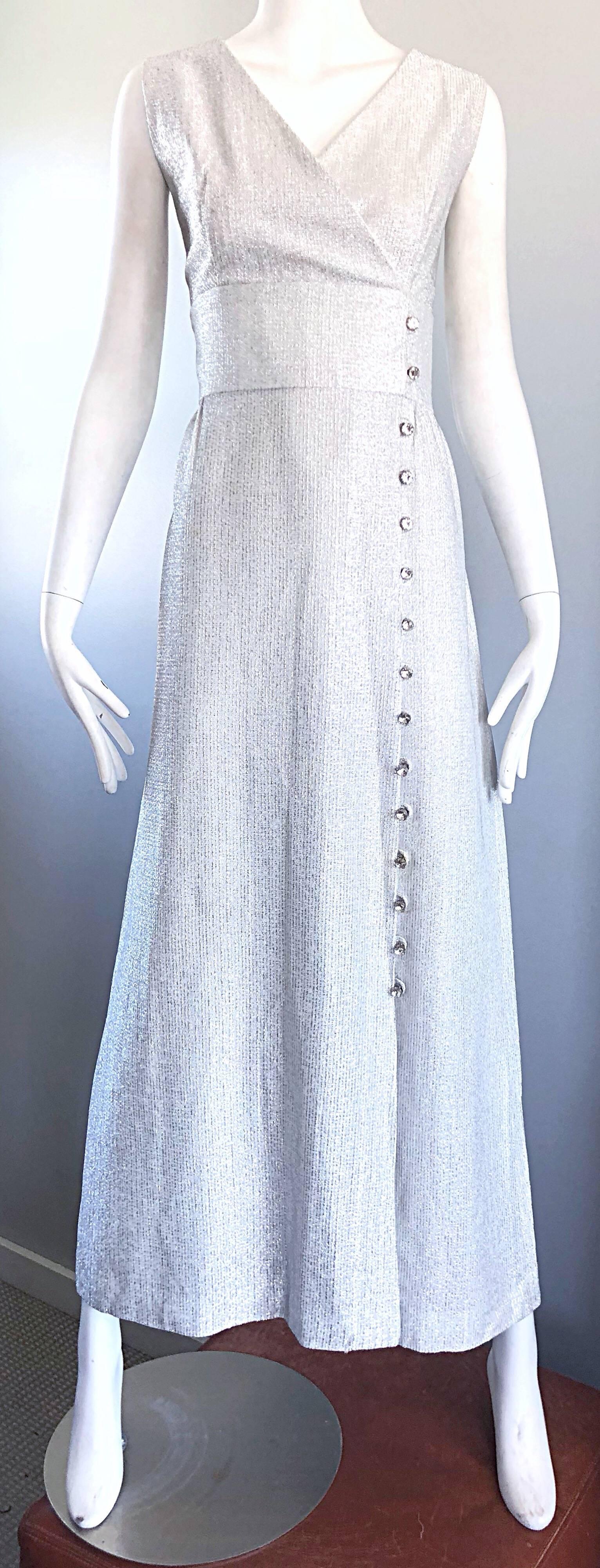 Beautiful 1970s Silver Metallic Lurex Rhinestone Buttons Sleeveless Maxi Dress For Sale 1