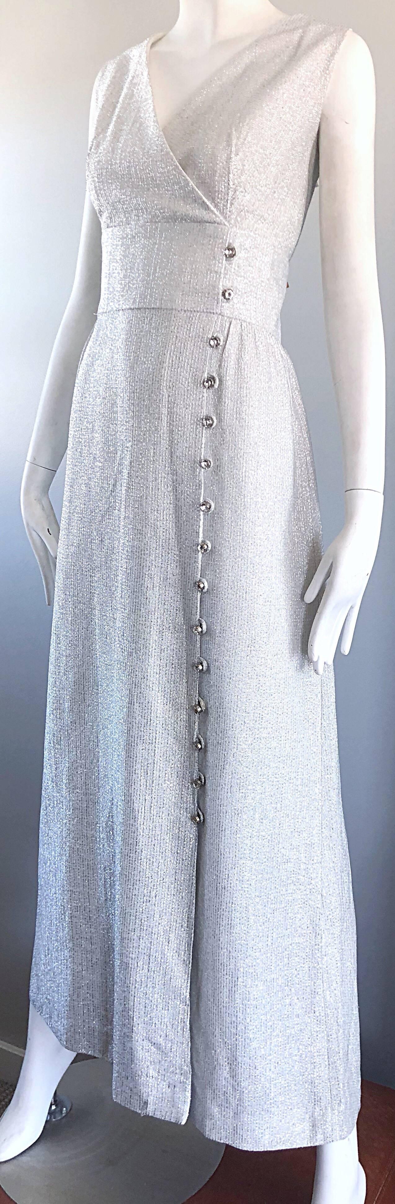 Beautiful 1970s Silver Metallic Lurex Rhinestone Buttons Sleeveless Maxi Dress For Sale 2