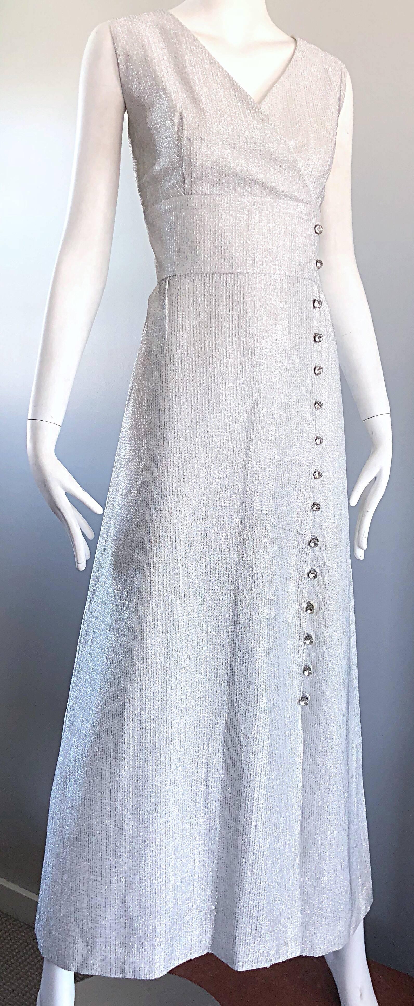 Beautiful 1970s Silver Metallic Lurex Rhinestone Buttons Sleeveless Maxi Dress For Sale 3