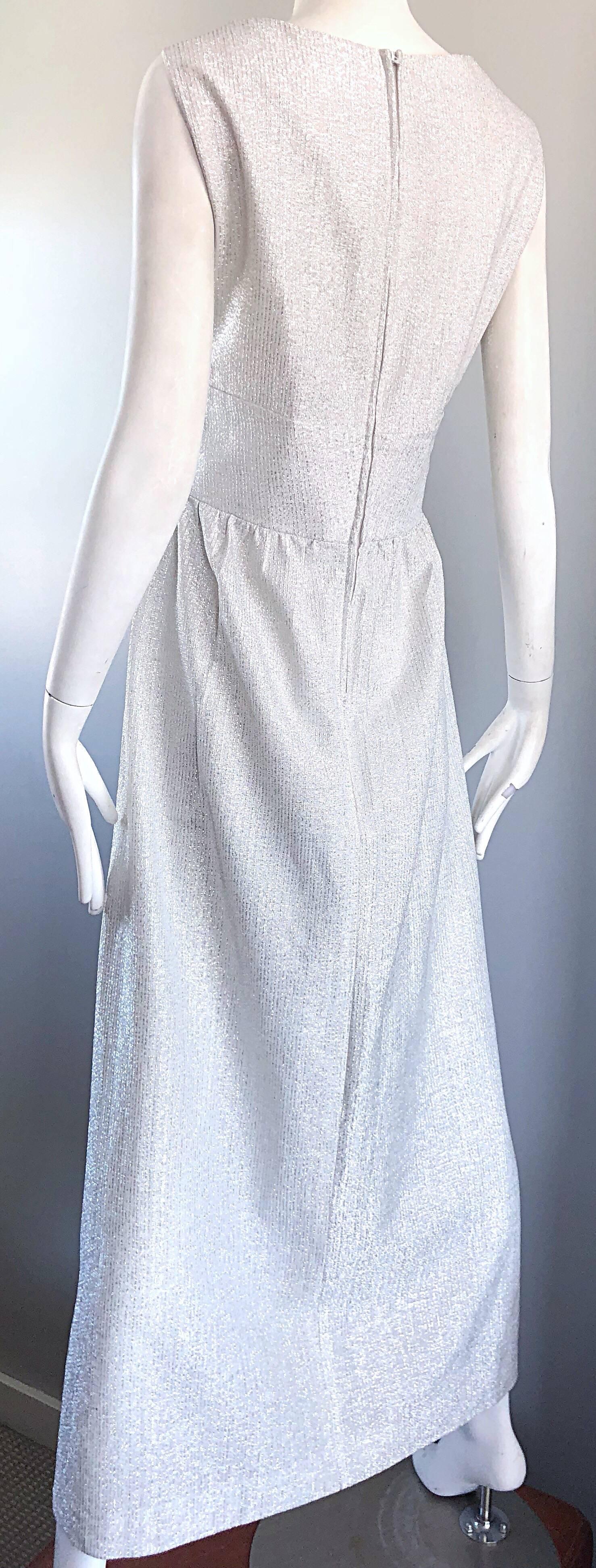 Beautiful 1970s Silver Metallic Lurex Rhinestone Buttons Sleeveless Maxi Dress For Sale 4
