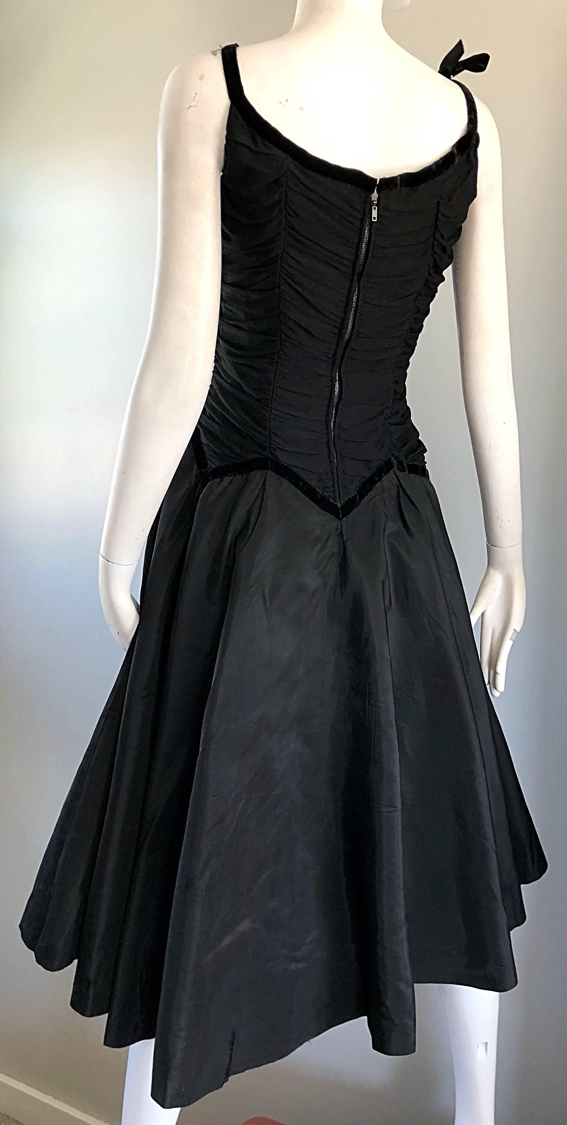 Beautiful 1950s Black Silk Taffeta Fit and Flare Vintage Sleeveless 50s Dress 1