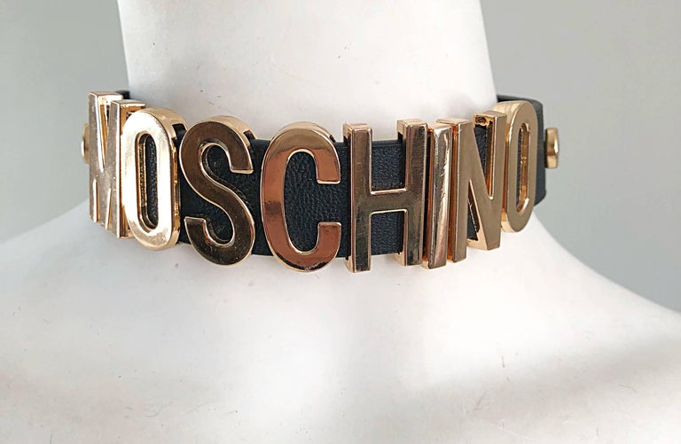 1990s Moschino Black and Gold Leather Vintage 90s Logo Choker Necklace ...