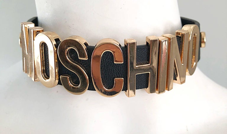 1990s Moschino Black and Gold Leather Vintage 90s Logo Choker Necklace ...