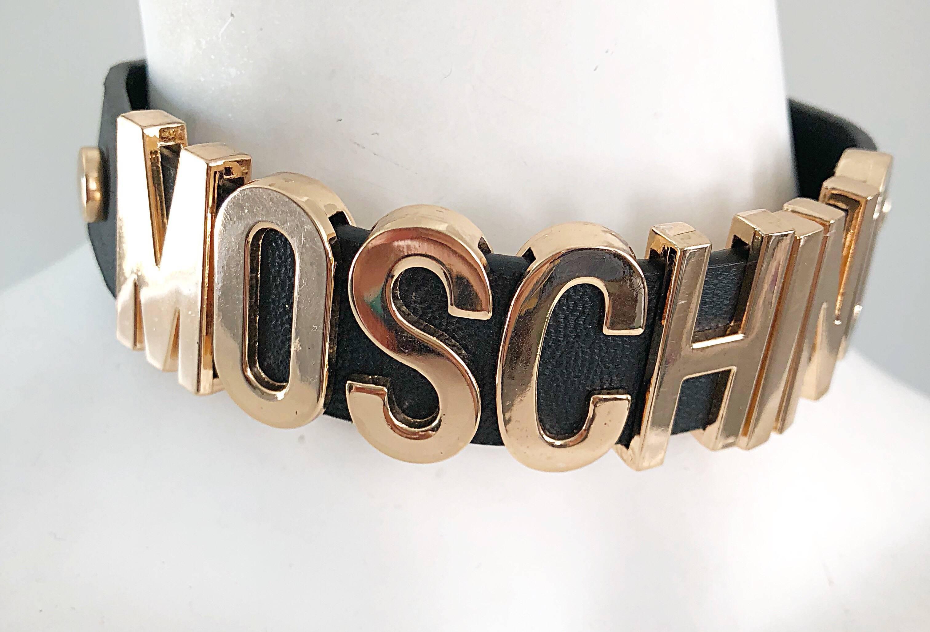 Women's or Men's 1990s Moschino Black and Gold Leather Vintage 90s Logo Choker Necklace 