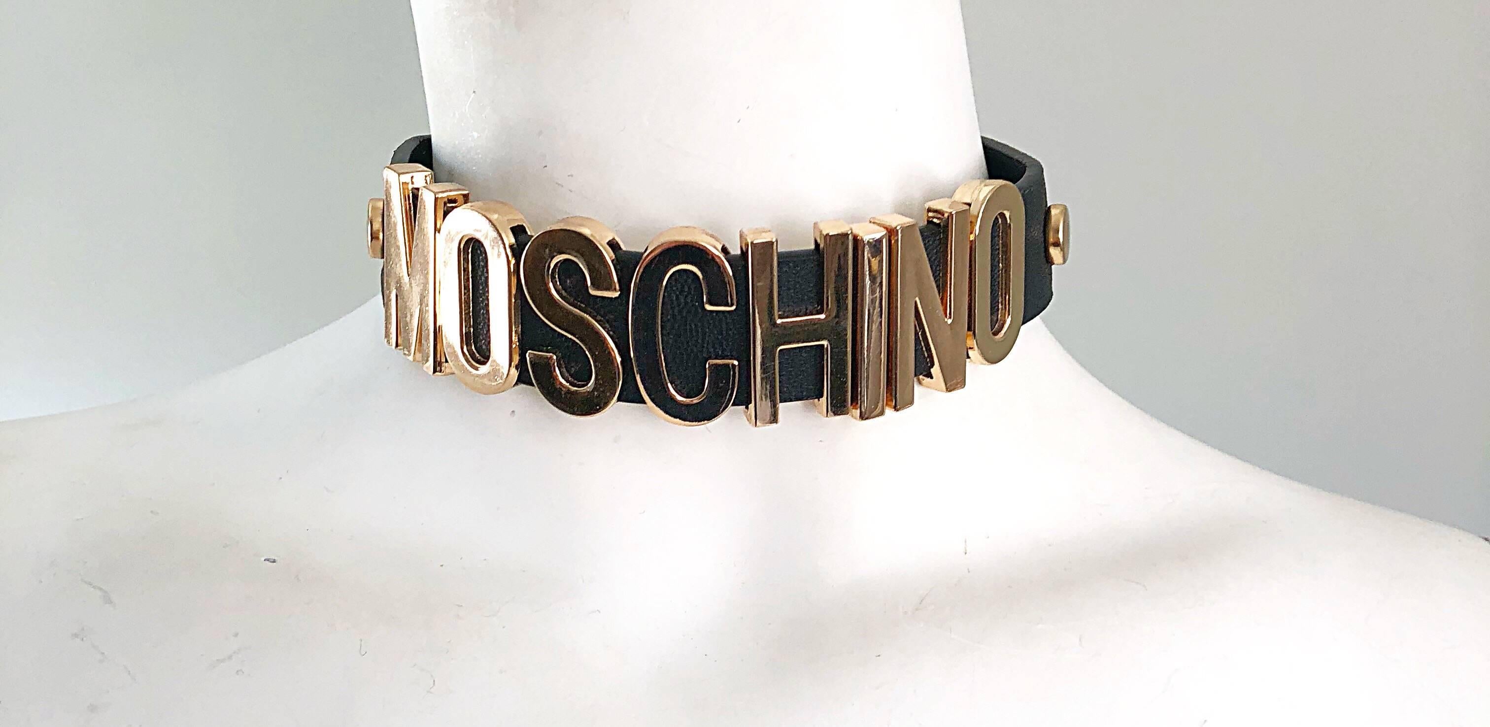 1990s Moschino Black and Gold Leather Vintage 90s Logo Choker Necklace  1
