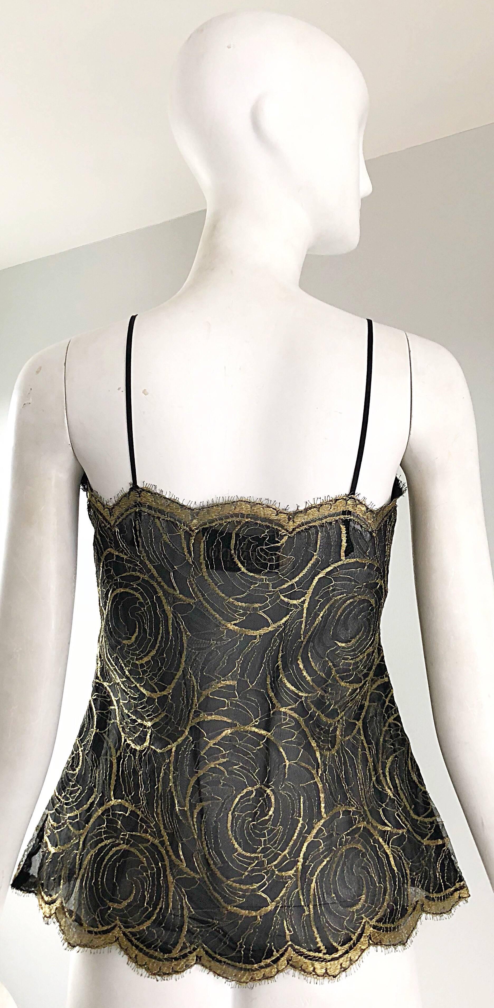 Women's Gorgeous 1970s Valentino Couture Gold + Black Semi Sheer Silk Chiffon Lace Top