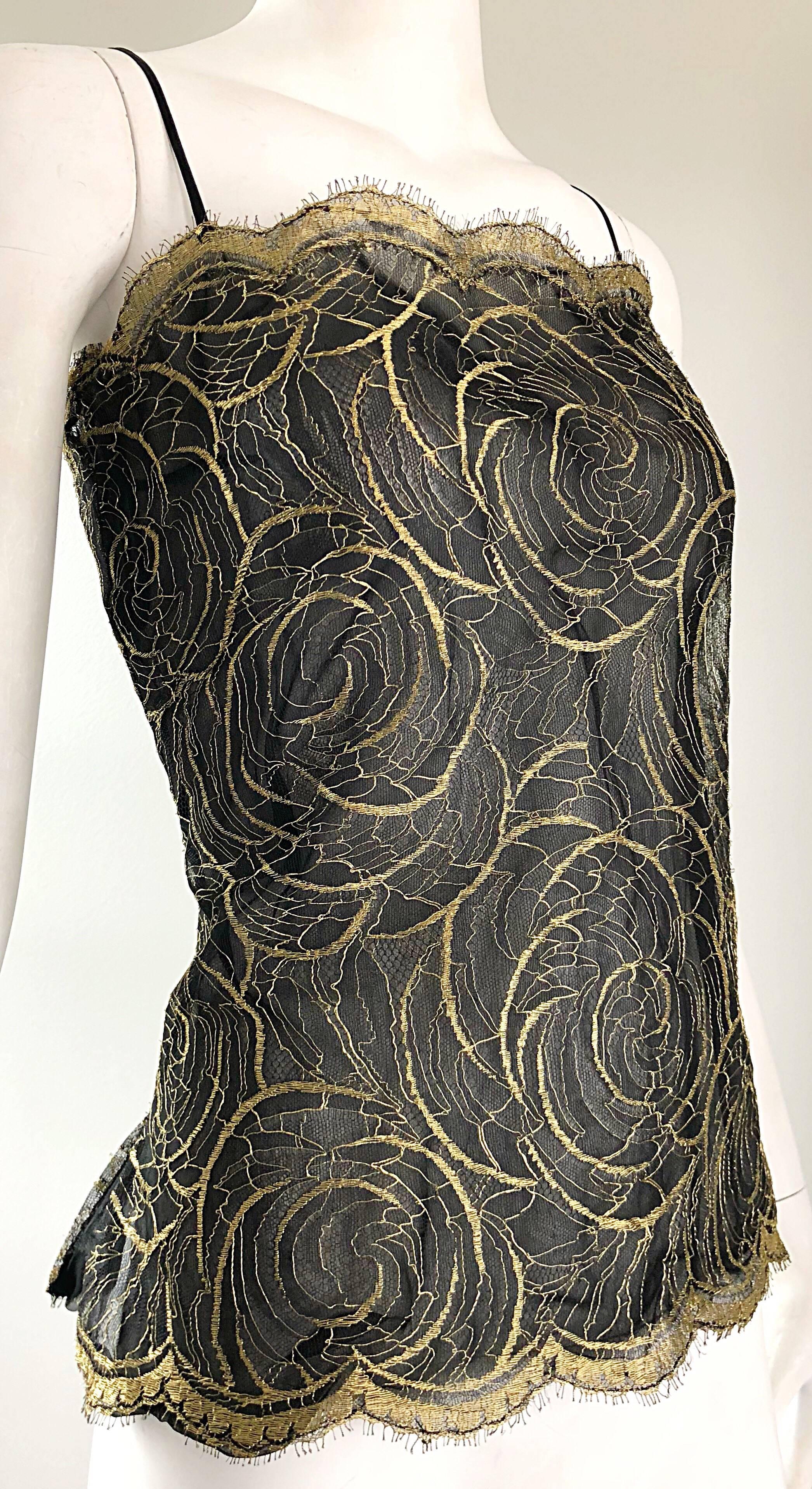 Gorgeous 1970s Valentino Couture Gold + Black Semi Sheer Silk Chiffon Lace Top 1