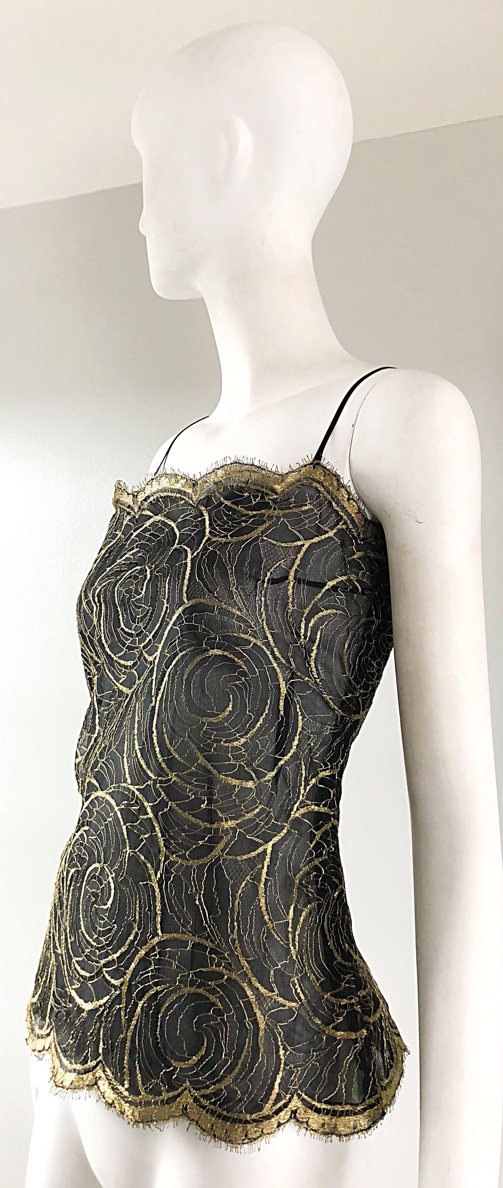 Gorgeous 1970s Valentino Couture Gold + Black Semi Sheer Silk Chiffon Lace Top 2