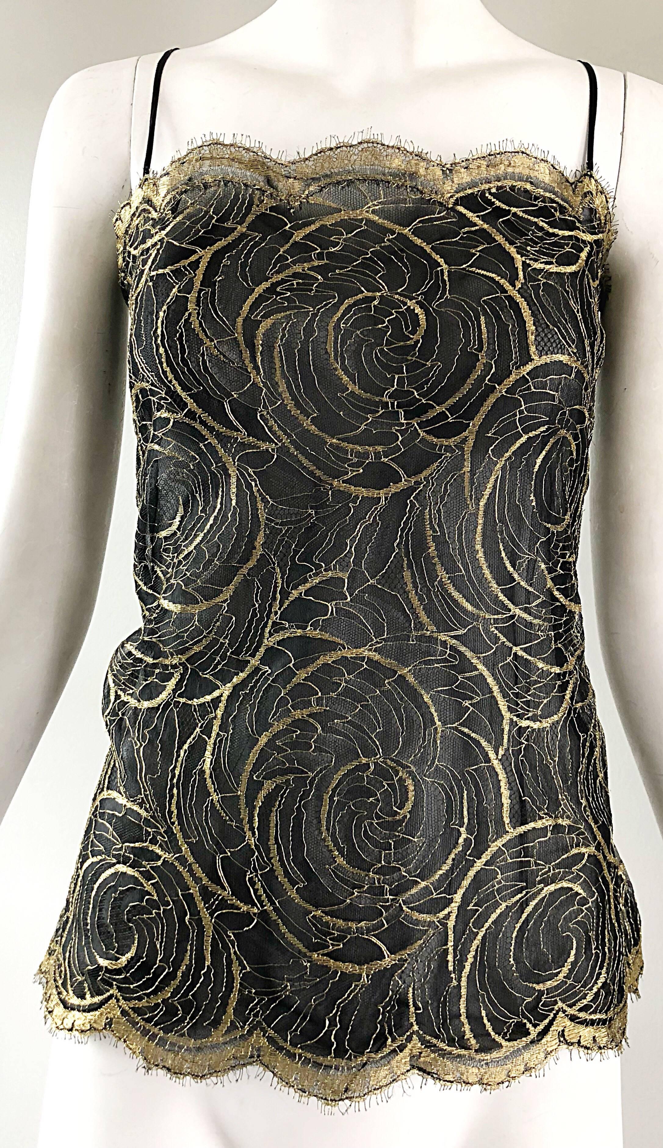 Gorgeous 1970s Valentino Couture Gold + Black Semi Sheer Silk Chiffon Lace Top 3