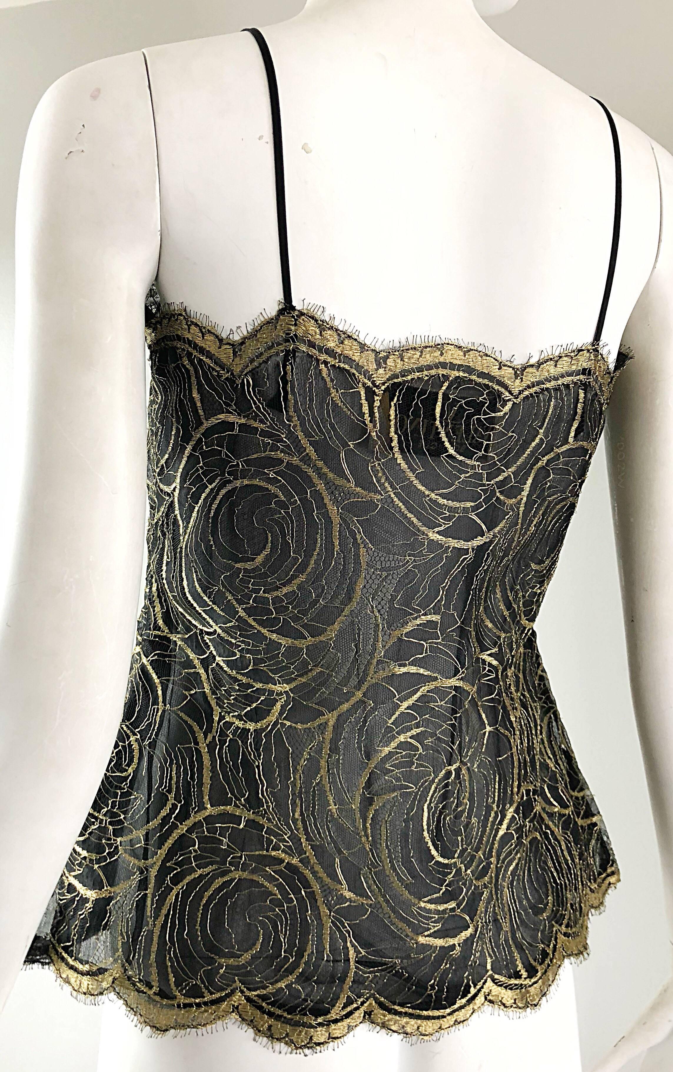 Gorgeous 1970s Valentino Couture Gold + Black Semi Sheer Silk Chiffon Lace Top 4