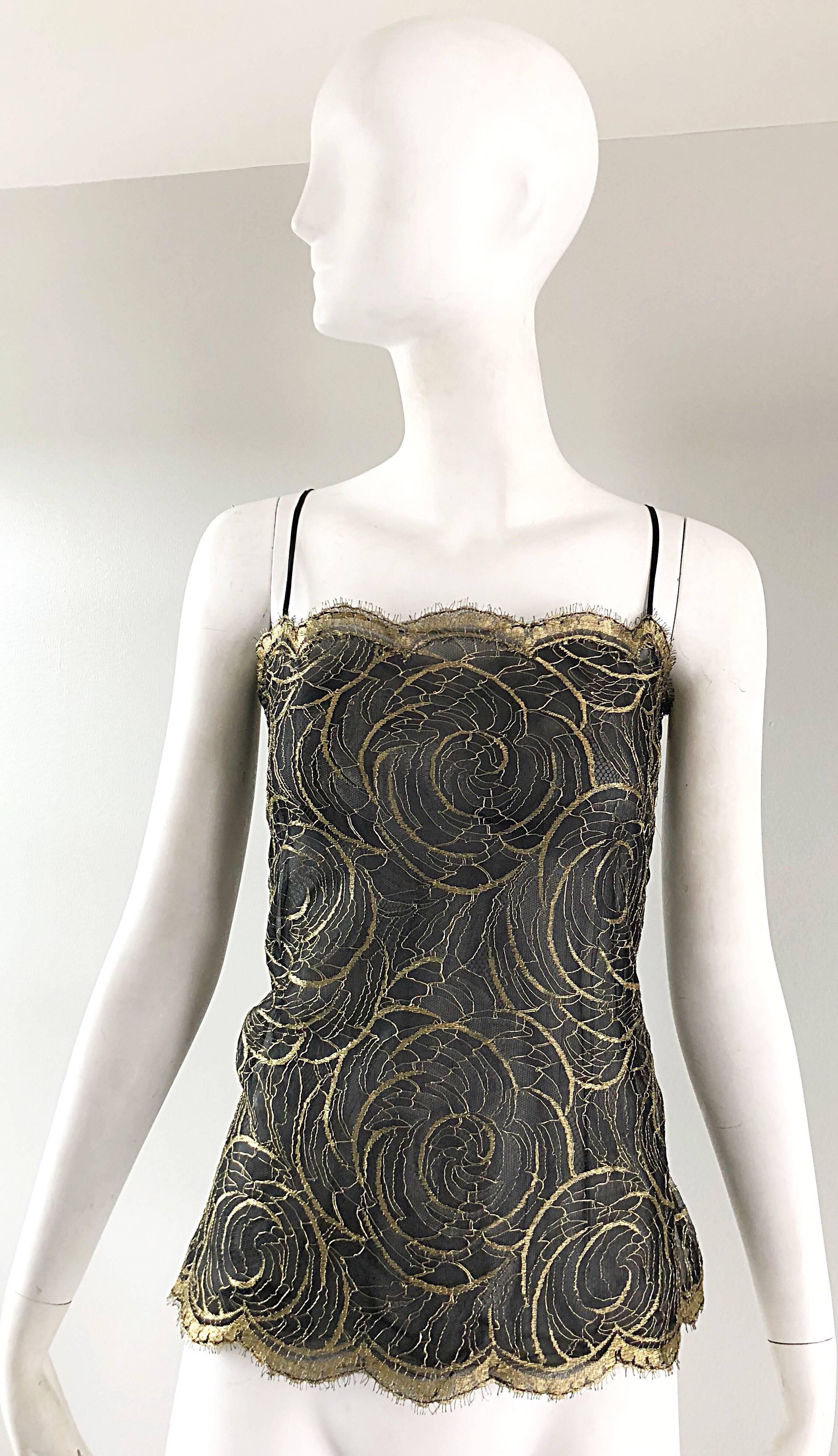 Gorgeous 1970s Valentino Couture Gold + Black Semi Sheer Silk Chiffon Lace Top 5