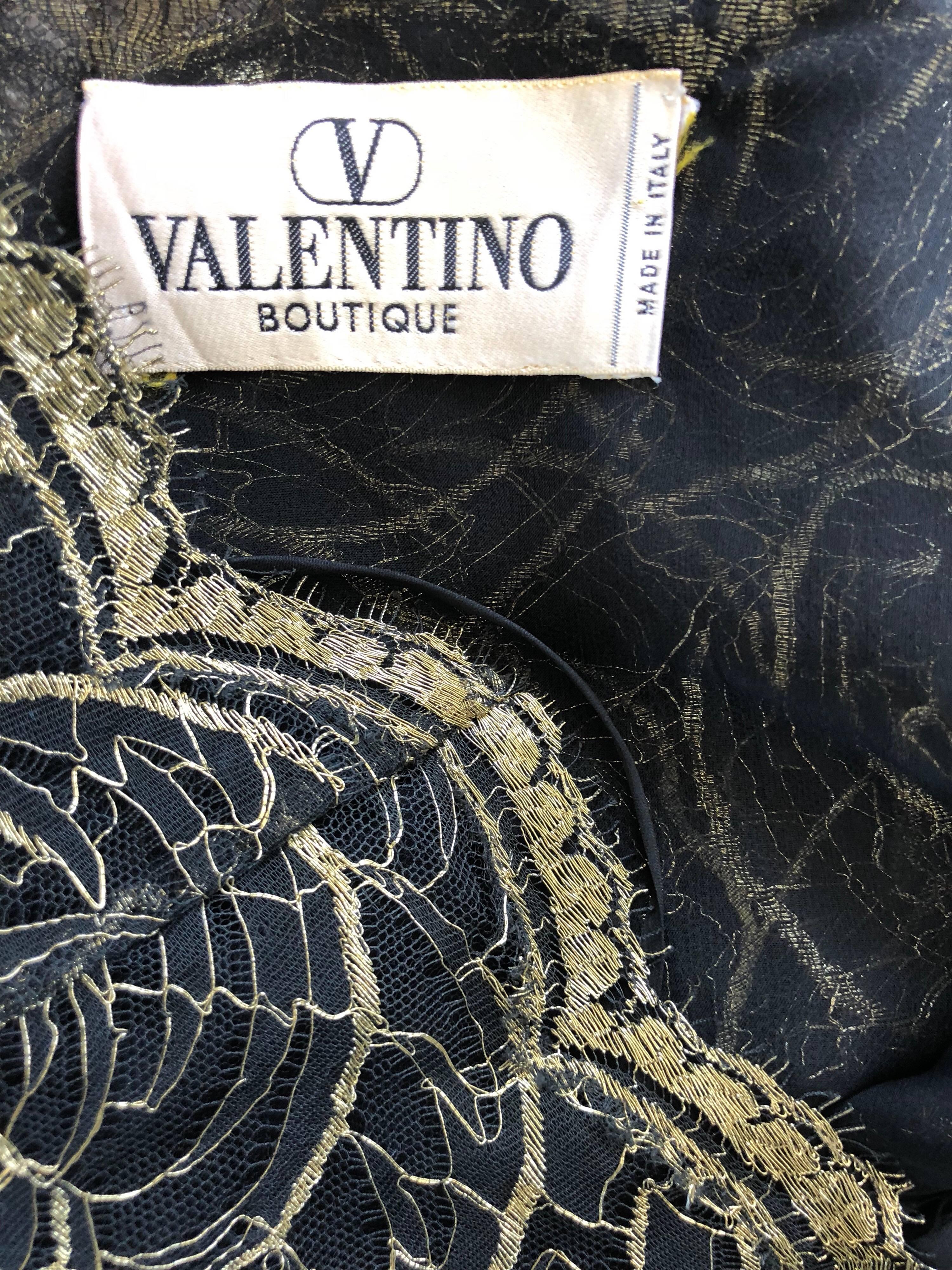 Gorgeous 1970s Valentino Couture Gold + Black Semi Sheer Silk Chiffon Lace Top 6