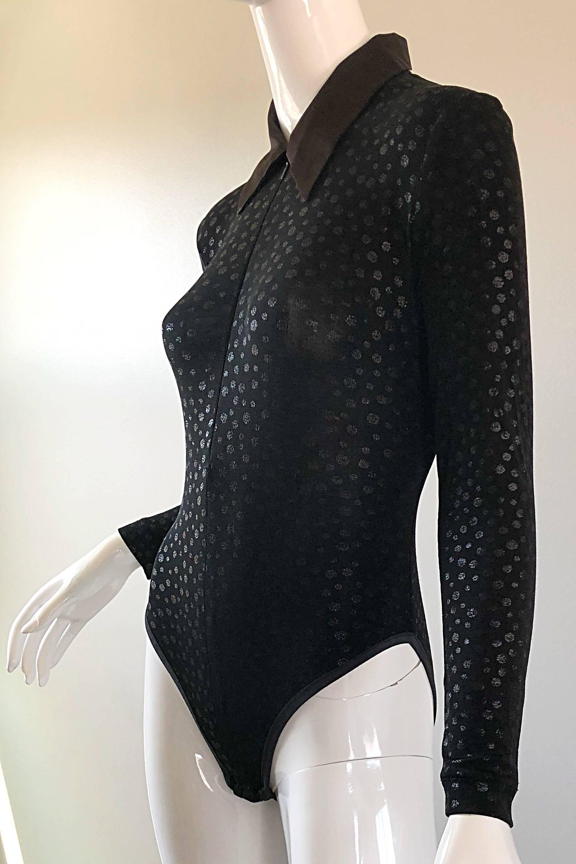 1990s My Maille French Black Iridescent One Piece Long Sleeve Vintage Bodysuit In Excellent Condition In San Diego, CA