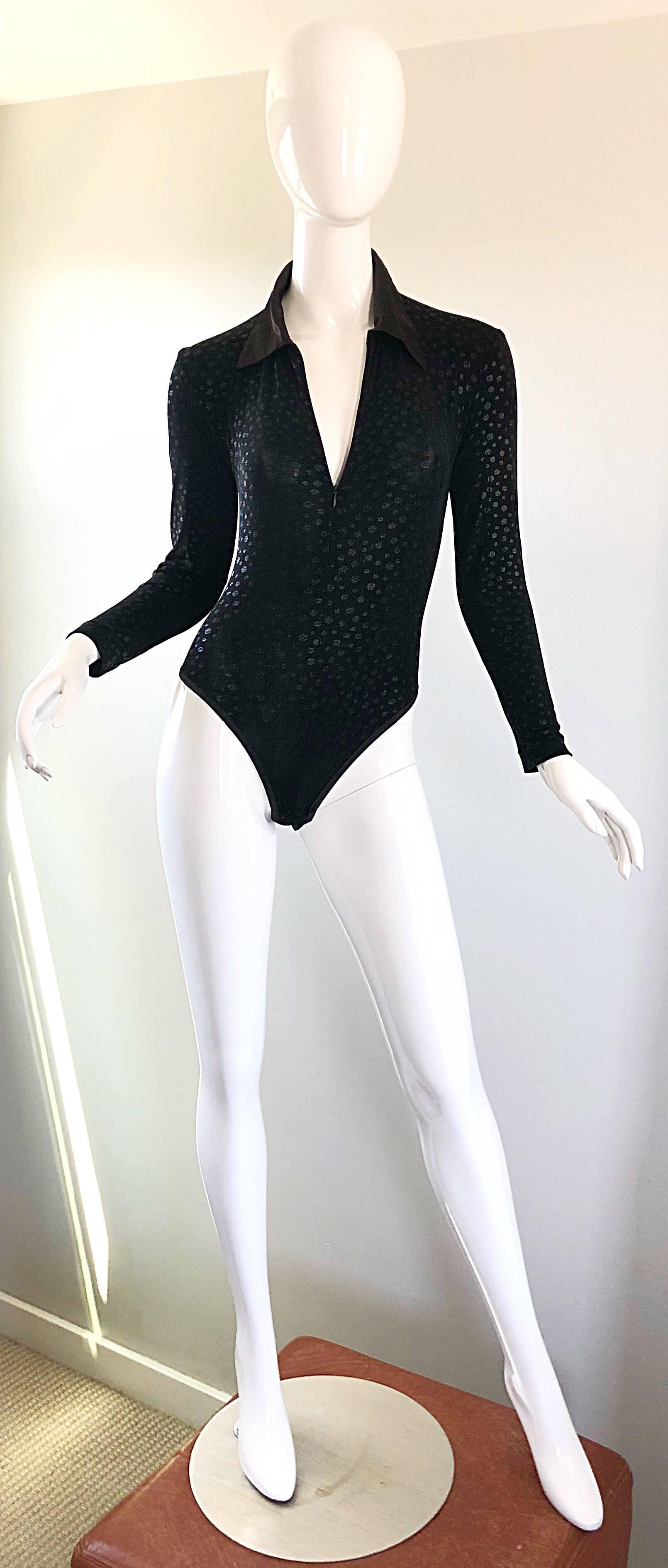 Women's 1990s My Maille French Black Iridescent One Piece Long Sleeve Vintage Bodysuit