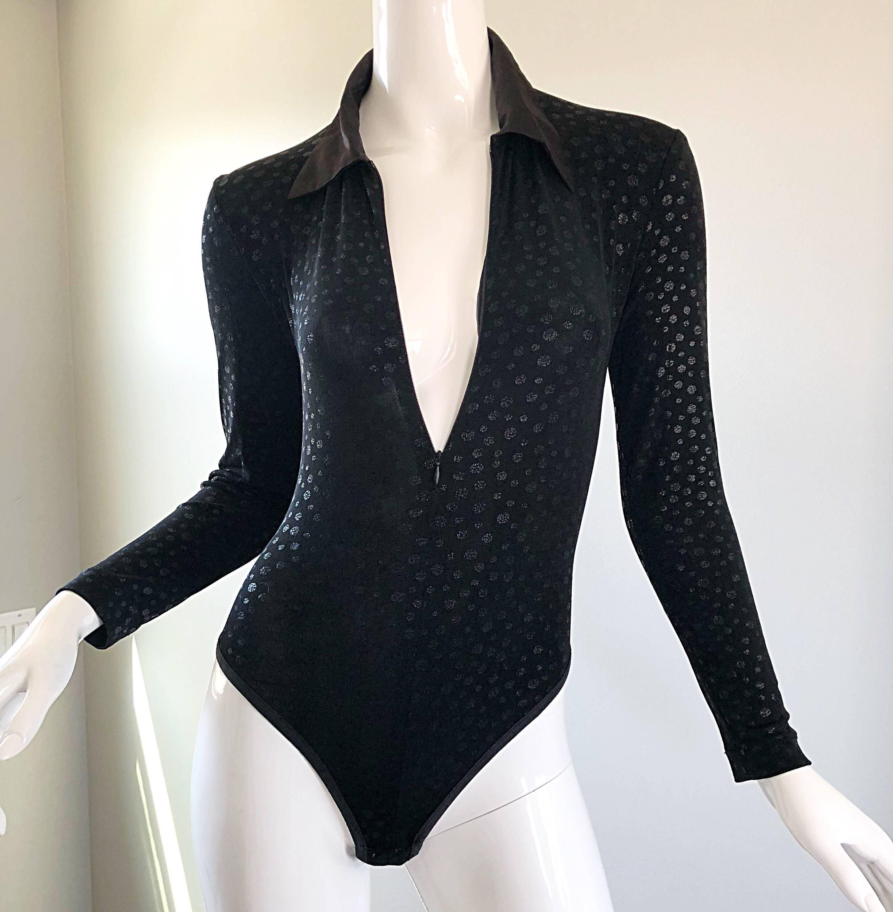 1990s My Maille French Black Iridescent One Piece Long Sleeve Vintage Bodysuit 2