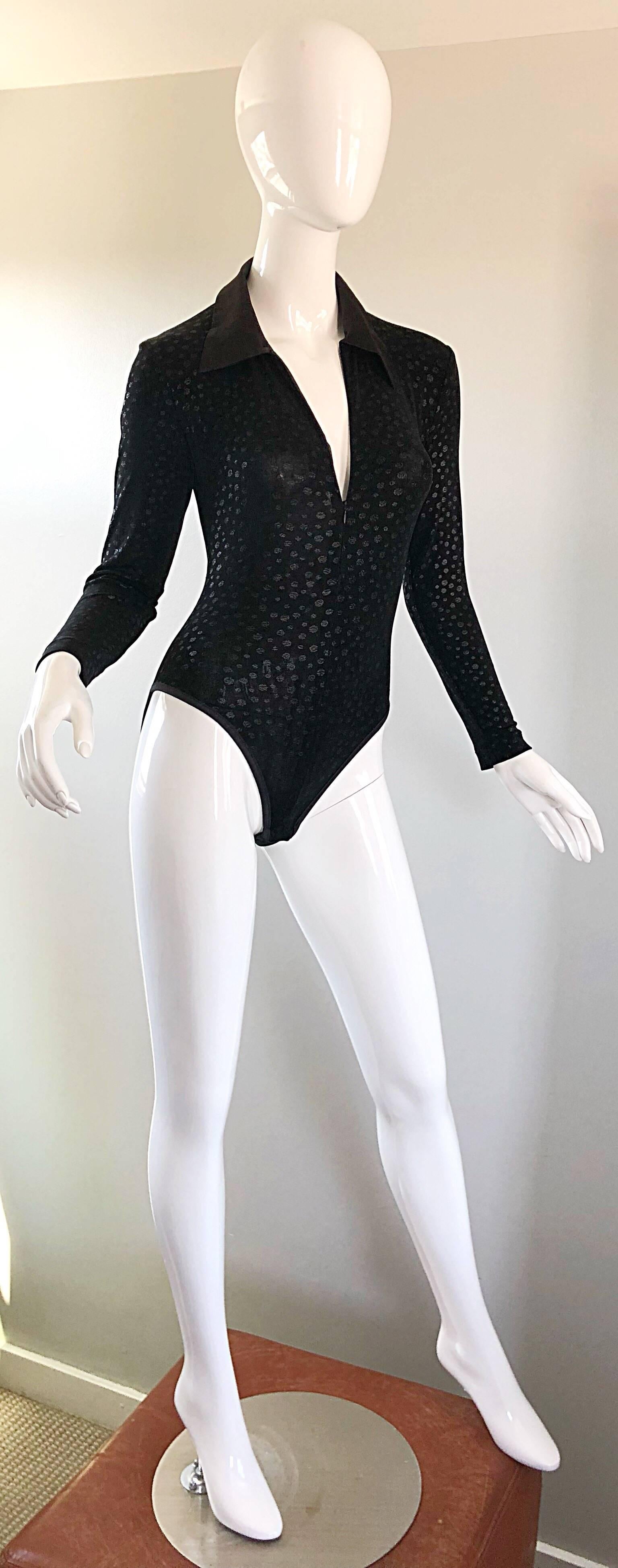 1990s My Maille French Black Iridescent One Piece Long Sleeve Vintage Bodysuit 3