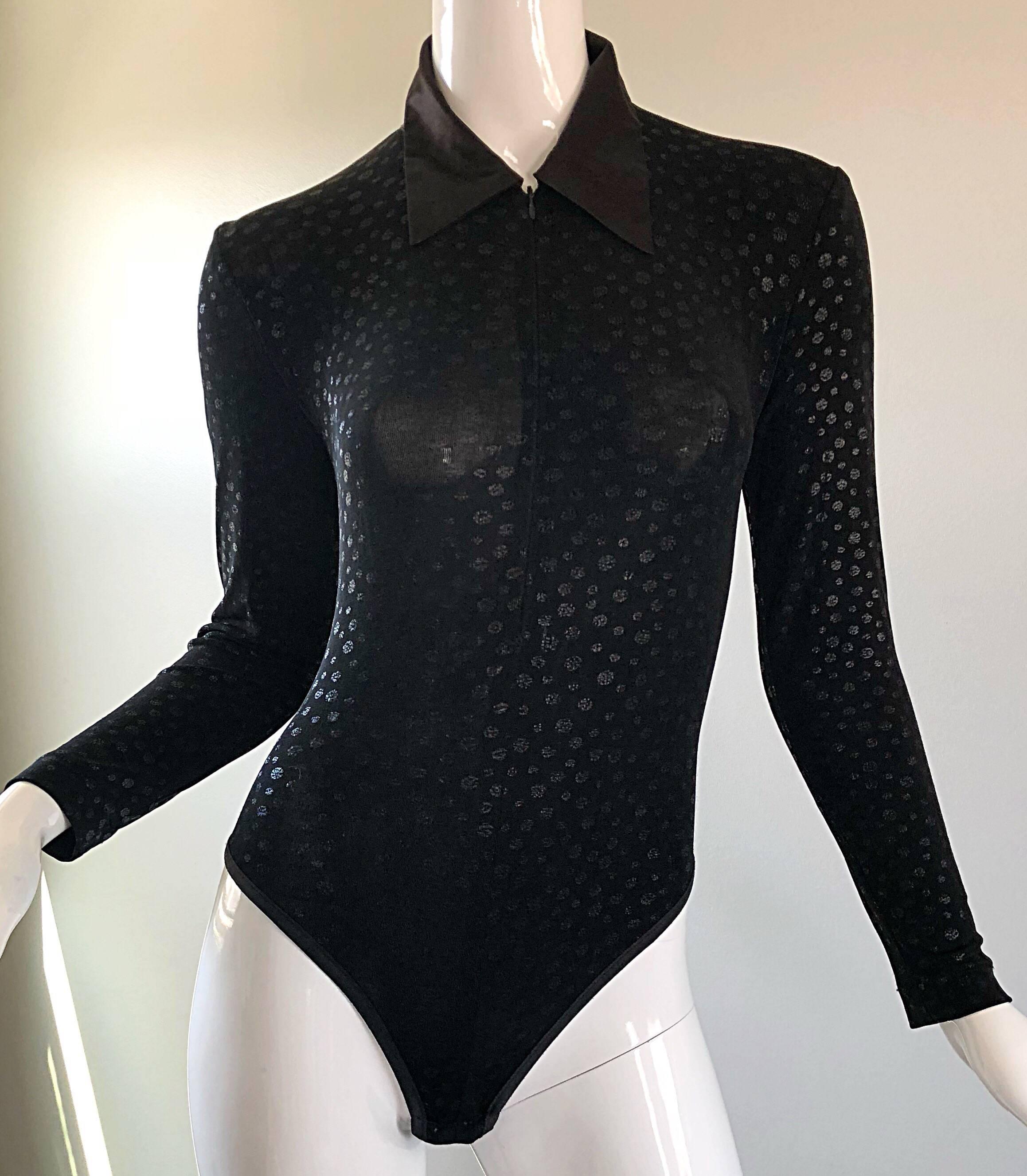 1990s My Maille French Black Iridescent One Piece Long Sleeve Vintage Bodysuit 4
