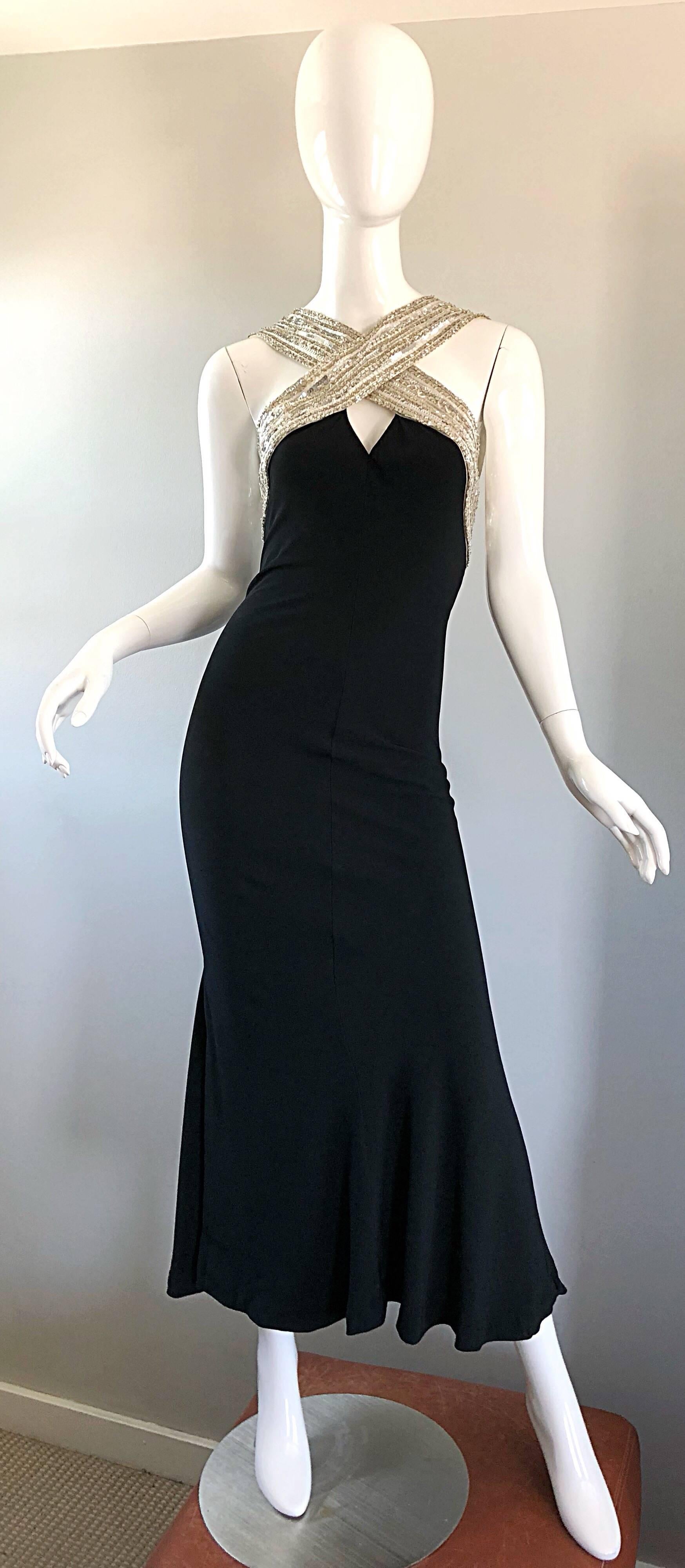 Stunning vintage 90s BOB MACKIE black and silver sequined mermaid hem full length evening dress! Flattering criss-cross halter straps with a key-hole above the bust. Low cut back reveals just the right amount of skin. Thousands of hand-sewn silver