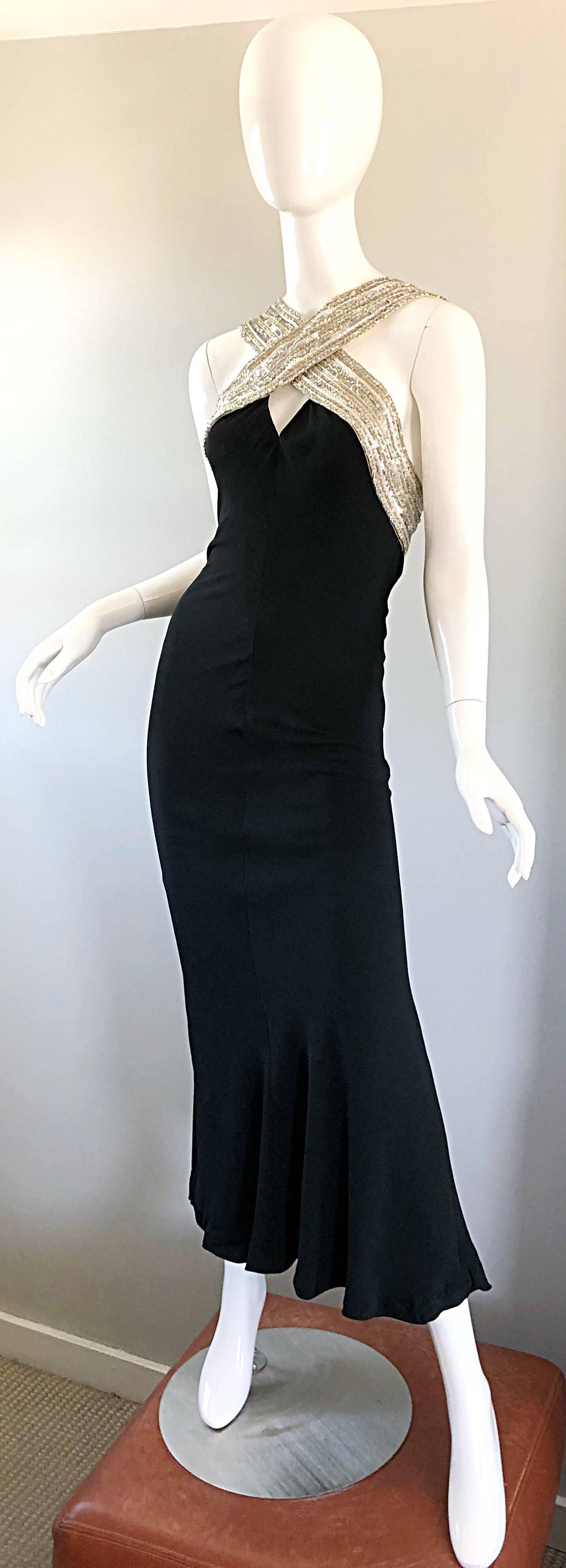 1990s Bob Mackie Size 8 / 10 Black + Silver Sequin Mermaid Hem Vintage 90s Gown In Excellent Condition In San Diego, CA