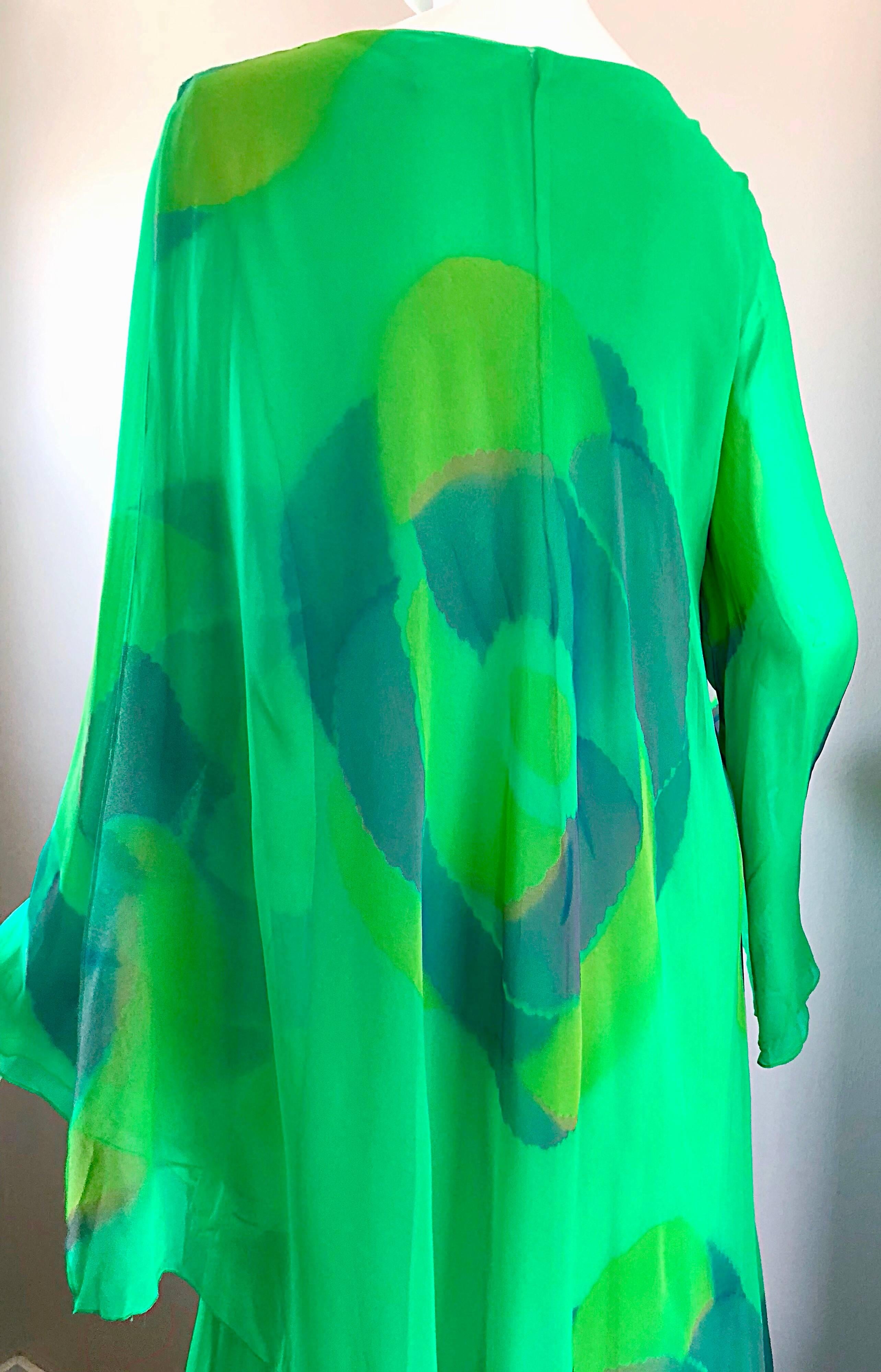 Vintage Travillia Couture 1970s Hand Painted Kelly Green Silk Chiffon 70s Gown 1