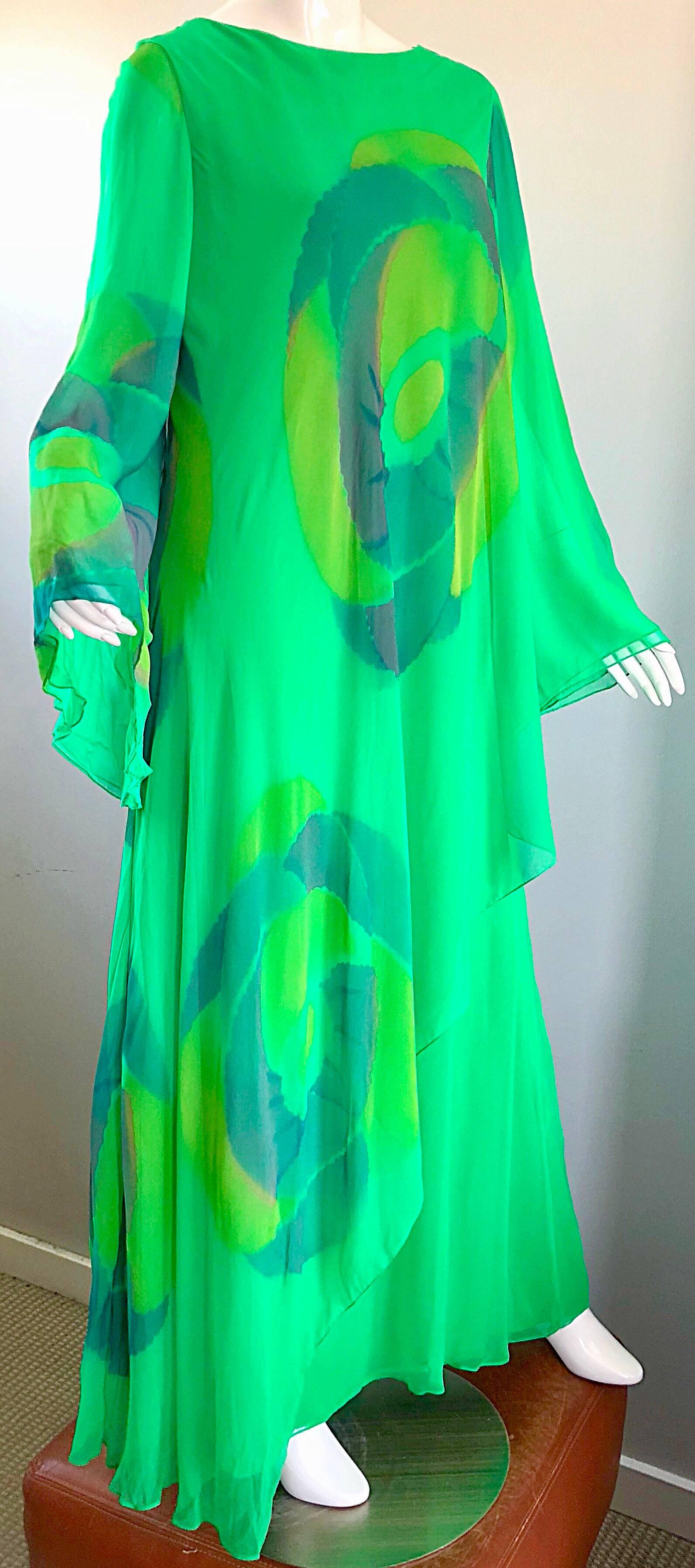 Vintage Travillia Couture 1970s Hand Painted Kelly Green Silk Chiffon 70s Gown 2