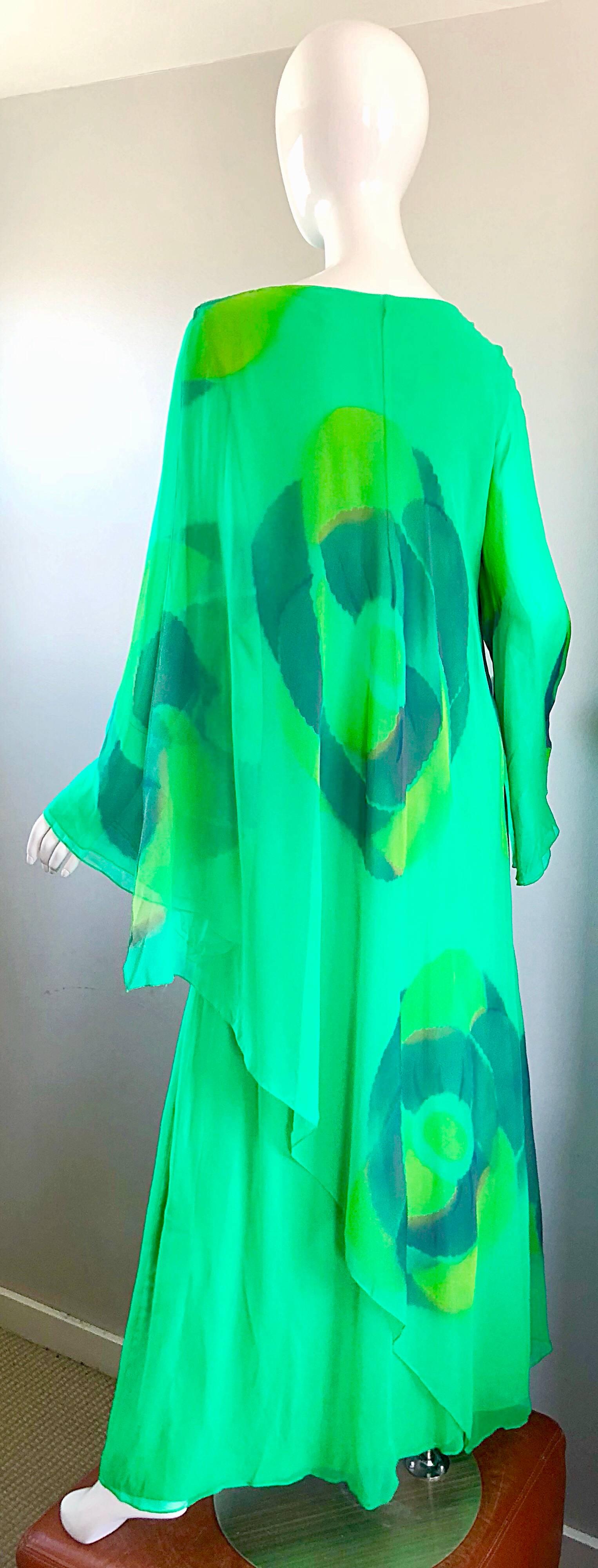 Vintage Travillia Couture 1970s Hand Painted Kelly Green Silk Chiffon 70s Gown 3