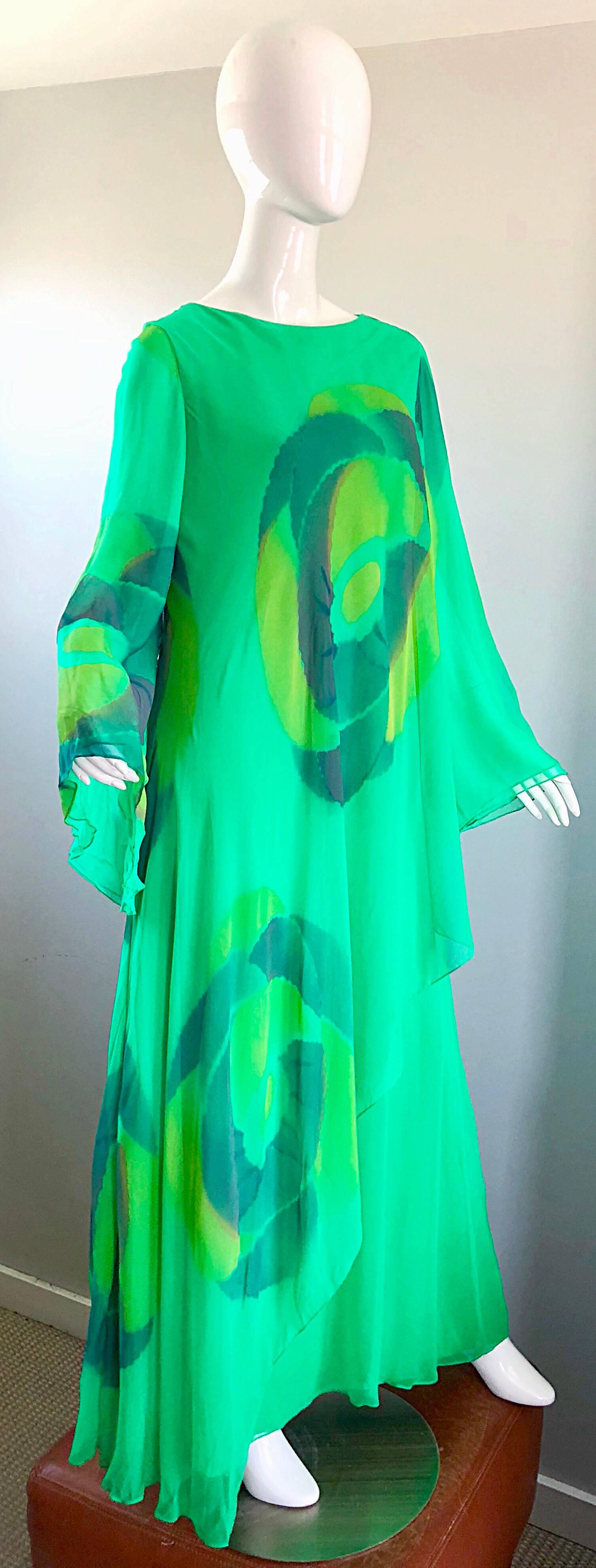 Vintage Travillia Couture 1970s Hand Painted Kelly Green Silk Chiffon 70s Gown 4