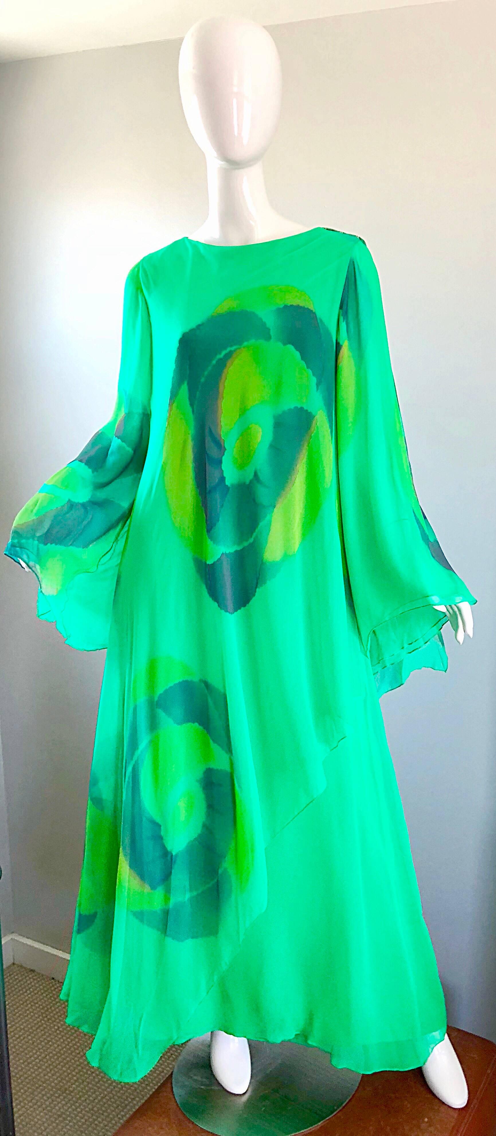 Vintage Travillia Couture 1970s Hand Painted Kelly Green Silk Chiffon 70s Gown 5