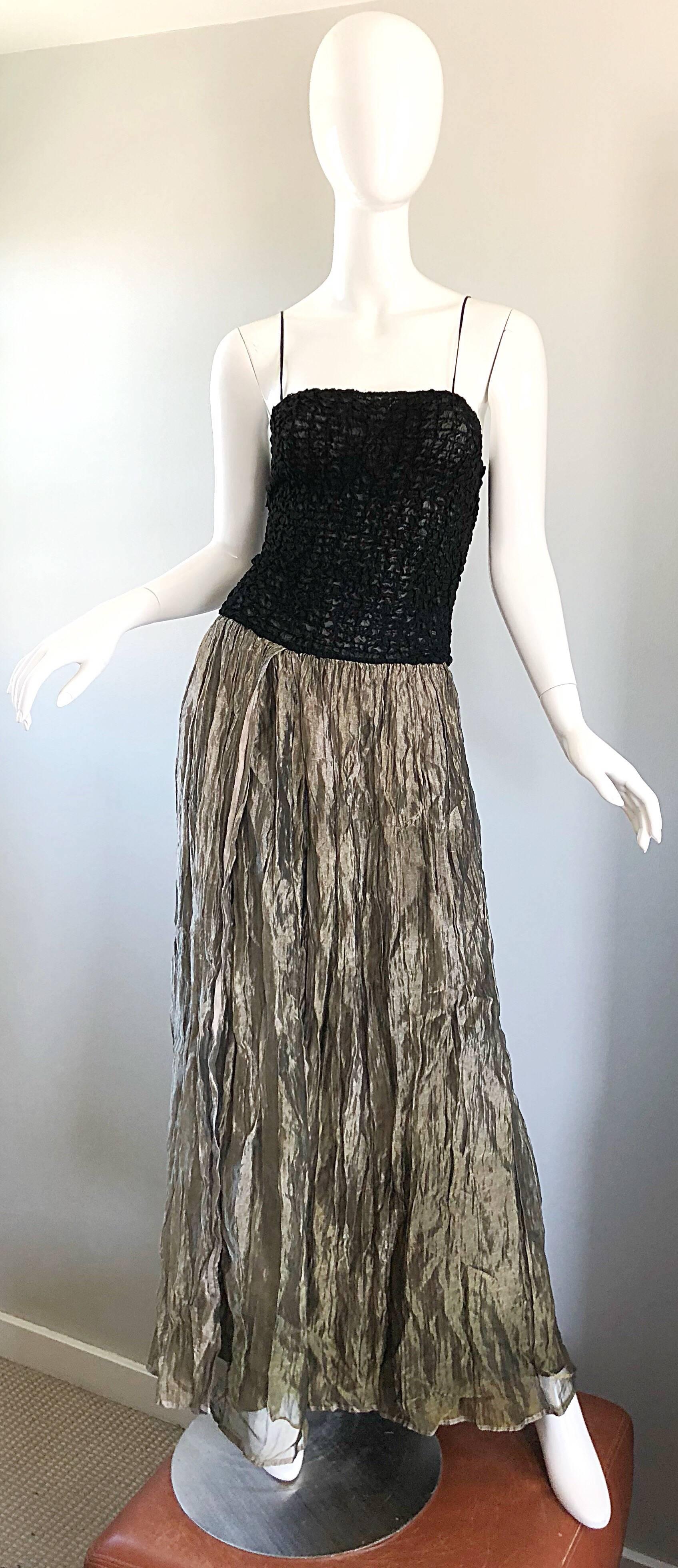 Stunning 1990s MORGANE LE FAY black and gold ombre metallic evening gown! Features a spaghetti strap semi sheer bodice that stretches to fit. Panels of gold / bronze ombre crinkled silk skirt with a black underlay. Looks phenomenal on. THe pictured