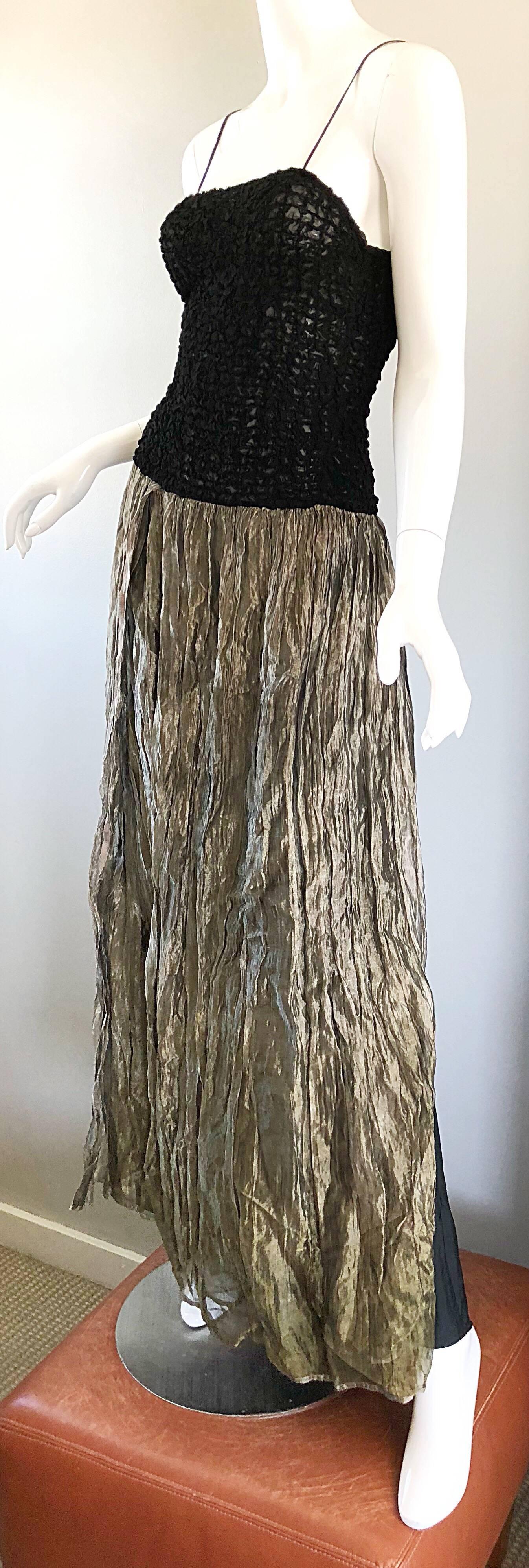 Vintage Morgane Le Fay 1990s Black + Gold Metallic Ombre 90s Evening Gown Dress In Excellent Condition For Sale In San Diego, CA