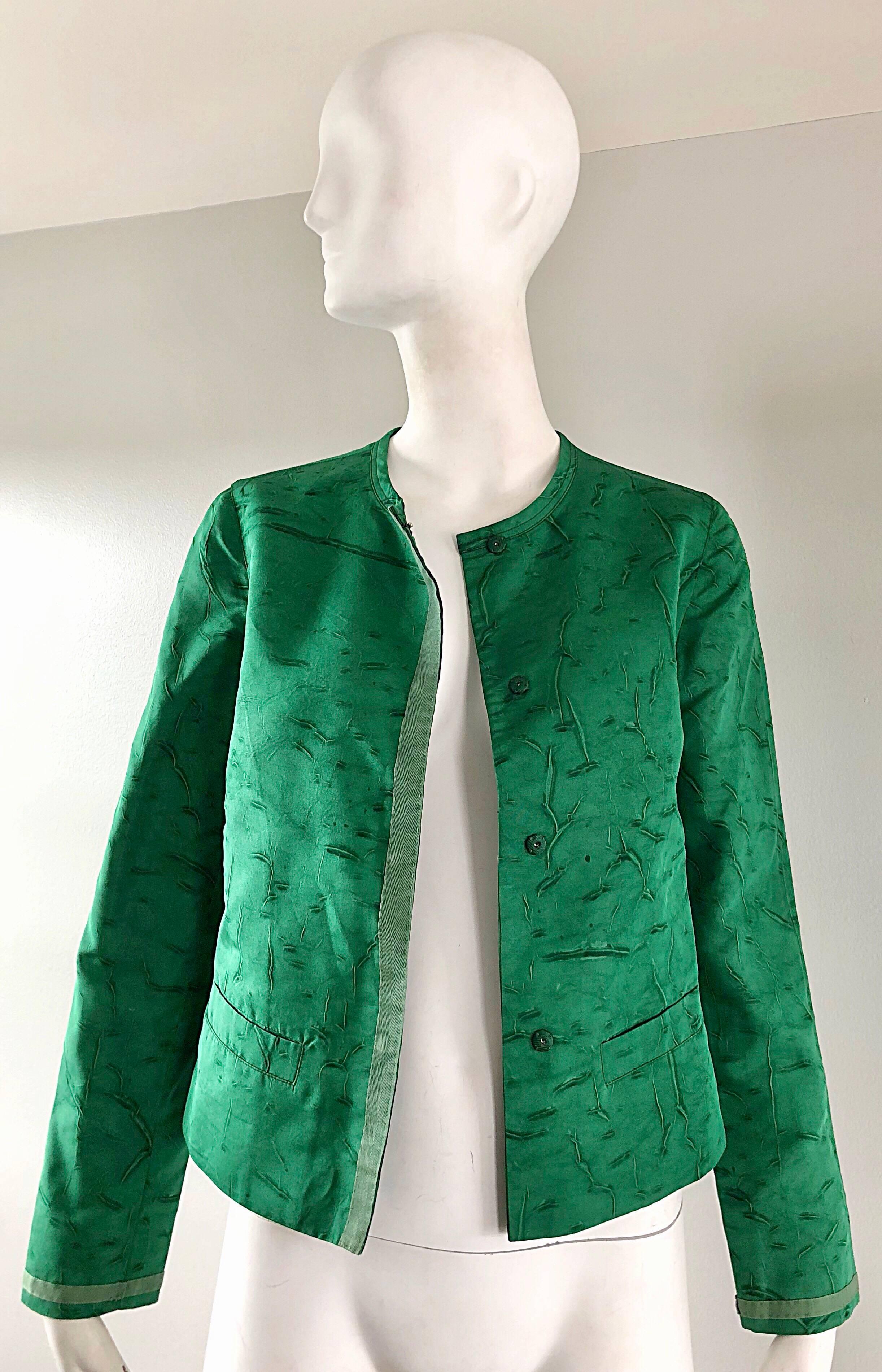 Women's or Men's Prada 1990s Kelly Green Tie Dyed Vintage 90s Does 60s Pillbox Jacket w/ Pockets  For Sale