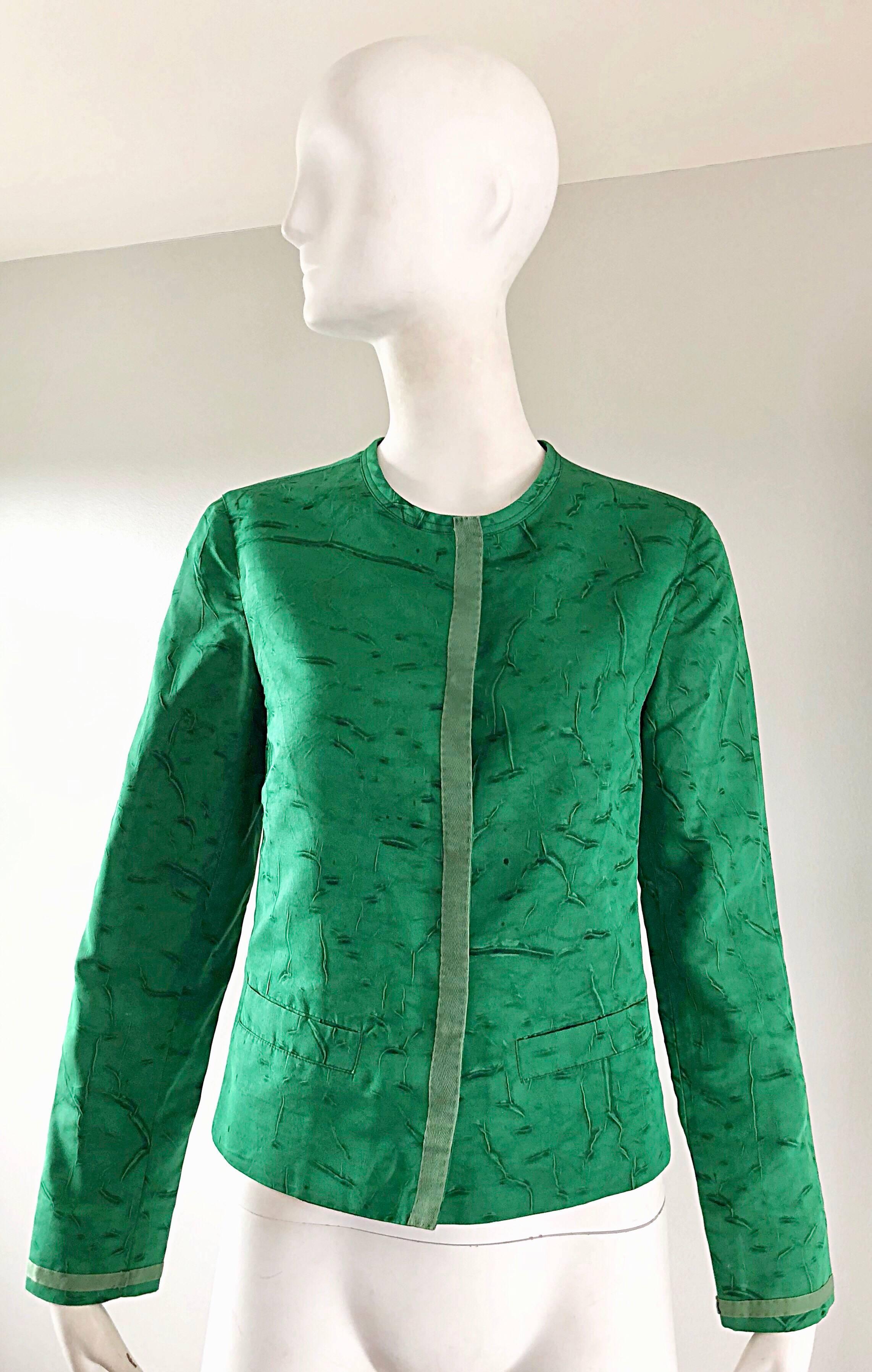 Prada 1990s Kelly Green Tie Dyed Vintage 90s Does 60s Pillbox Jacket w/ Pockets  For Sale 3