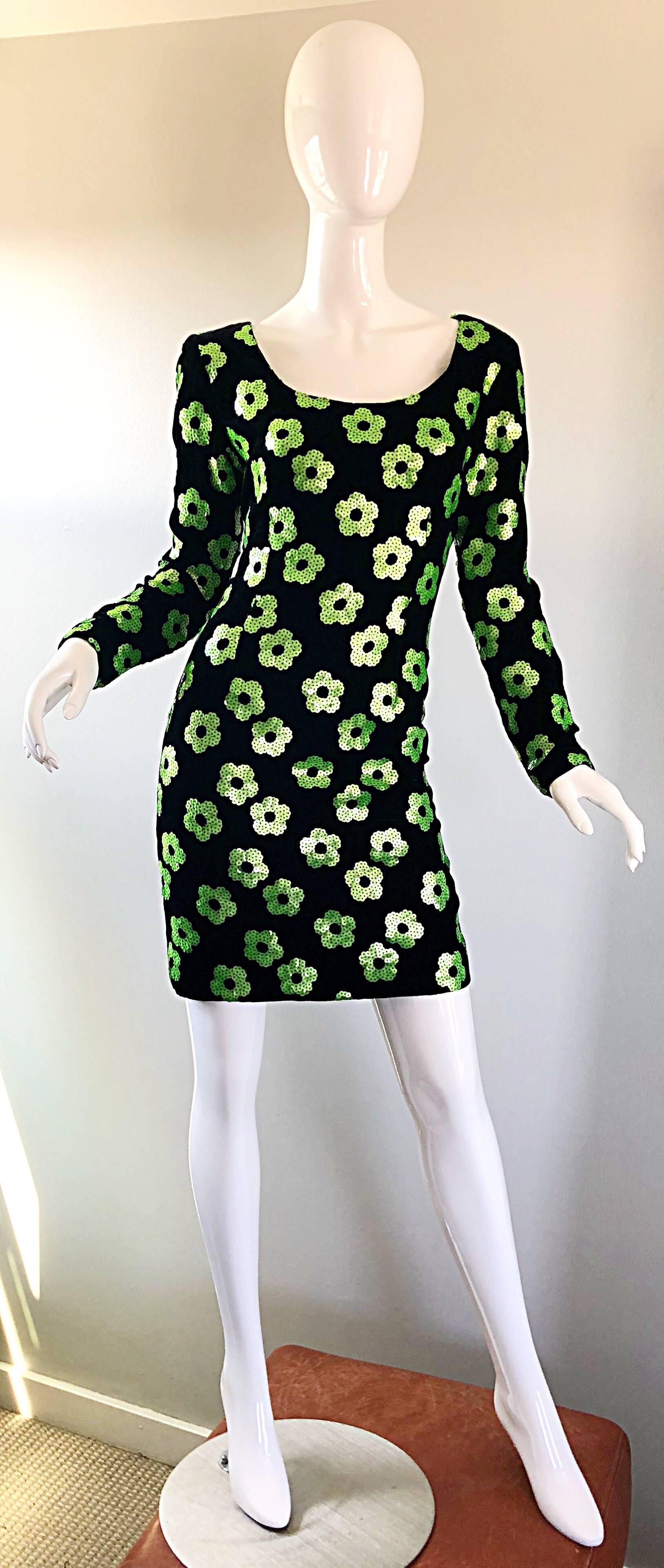 Amazing vintage 90s STEVE STOLMAN black and neon green sequined long sleeve velvet bodycon dress! Slimming lines, with a soft lightweight cotton velvet. Thousands of hand-sewn neon green sequins in the shape of flowers throughout the entire dress.