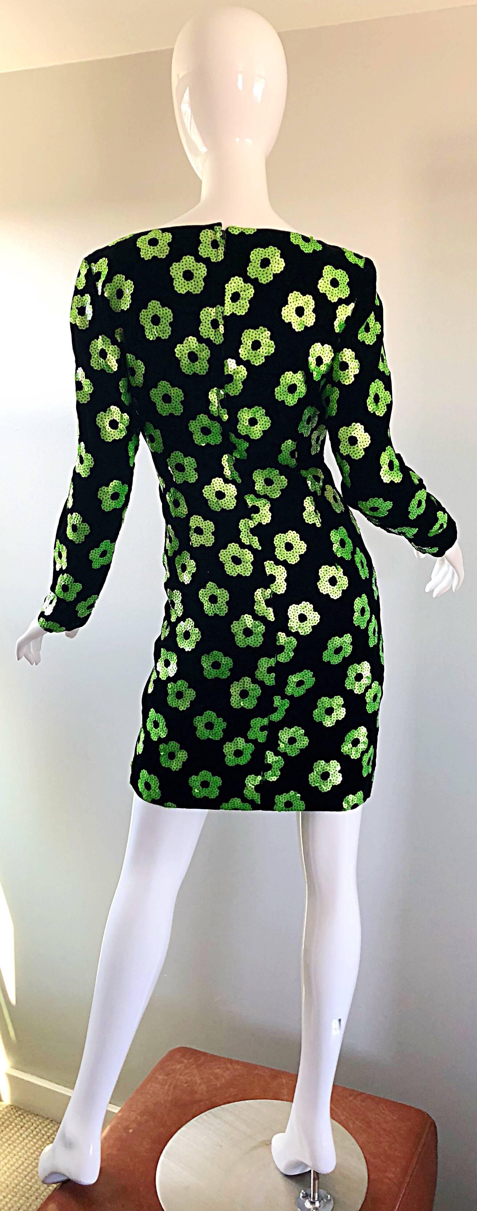 Nero 1990 Steve Stolman Black Neon Green Sequin Flower Taglia 6 8 Velvet Bodycon Dress in vendita