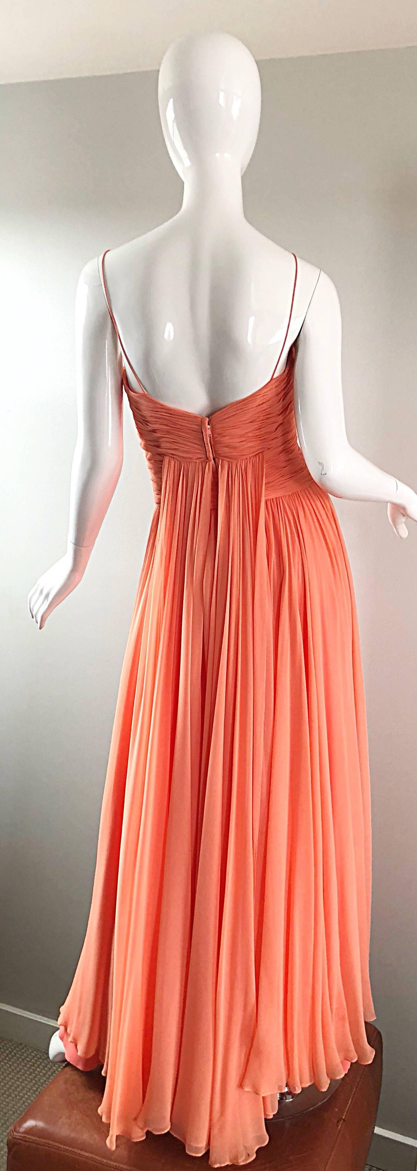 Gorgeous 1950s Saks 5th Ave. Salmon / Coral Pink Silk Chiffon Vintage 50s Gown In Excellent Condition In San Diego, CA